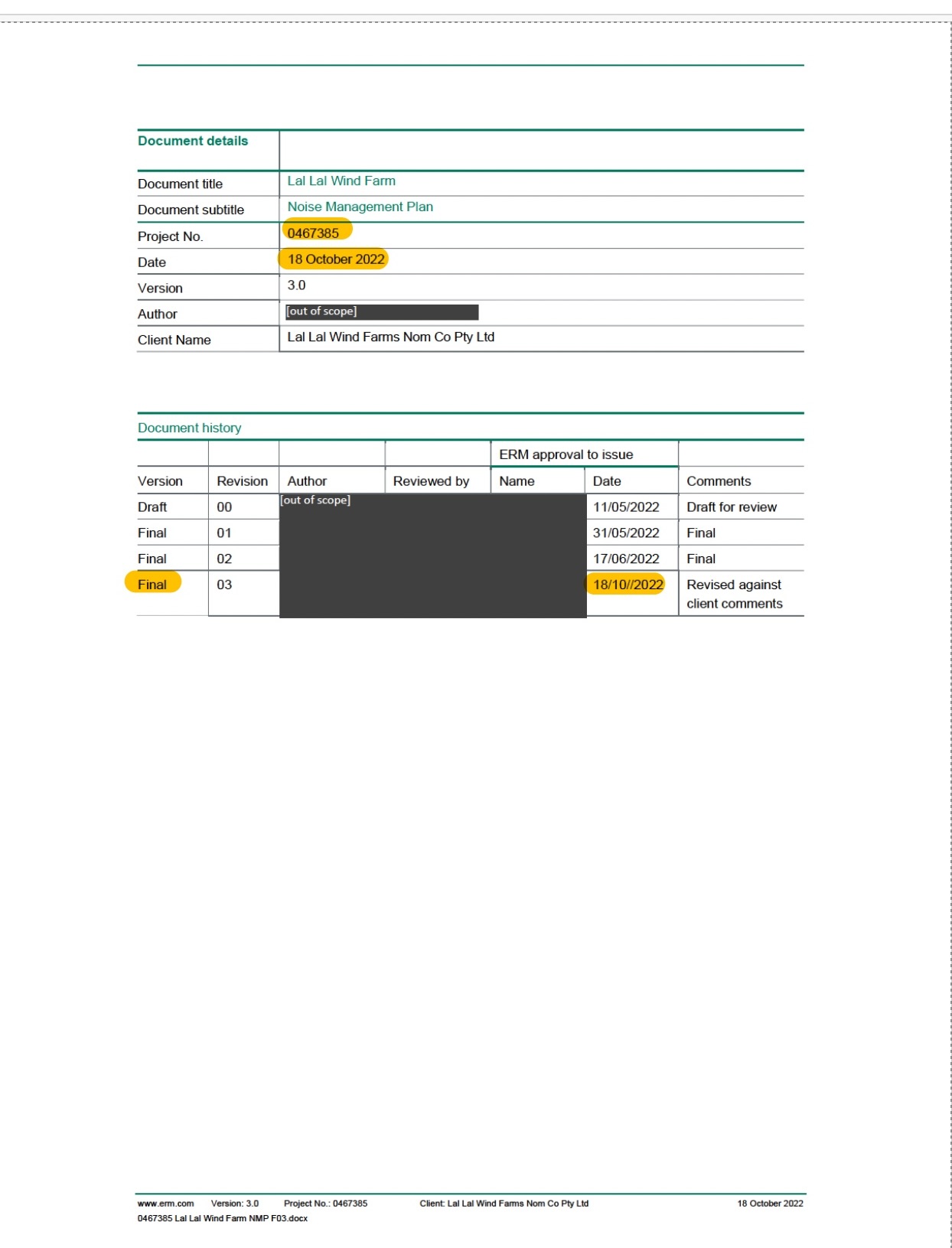 NMP document details and revision history showing Version 3.0 dated 18 October 2022