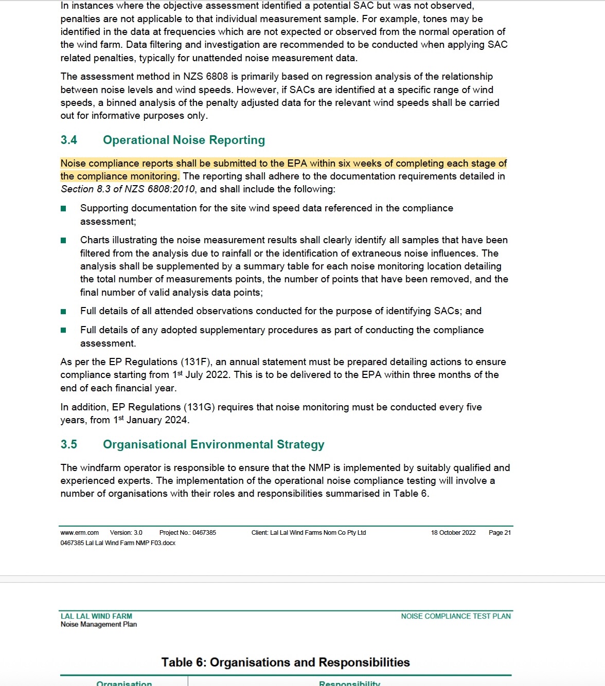 NMP extract on operational noise reporting and six-week submission period