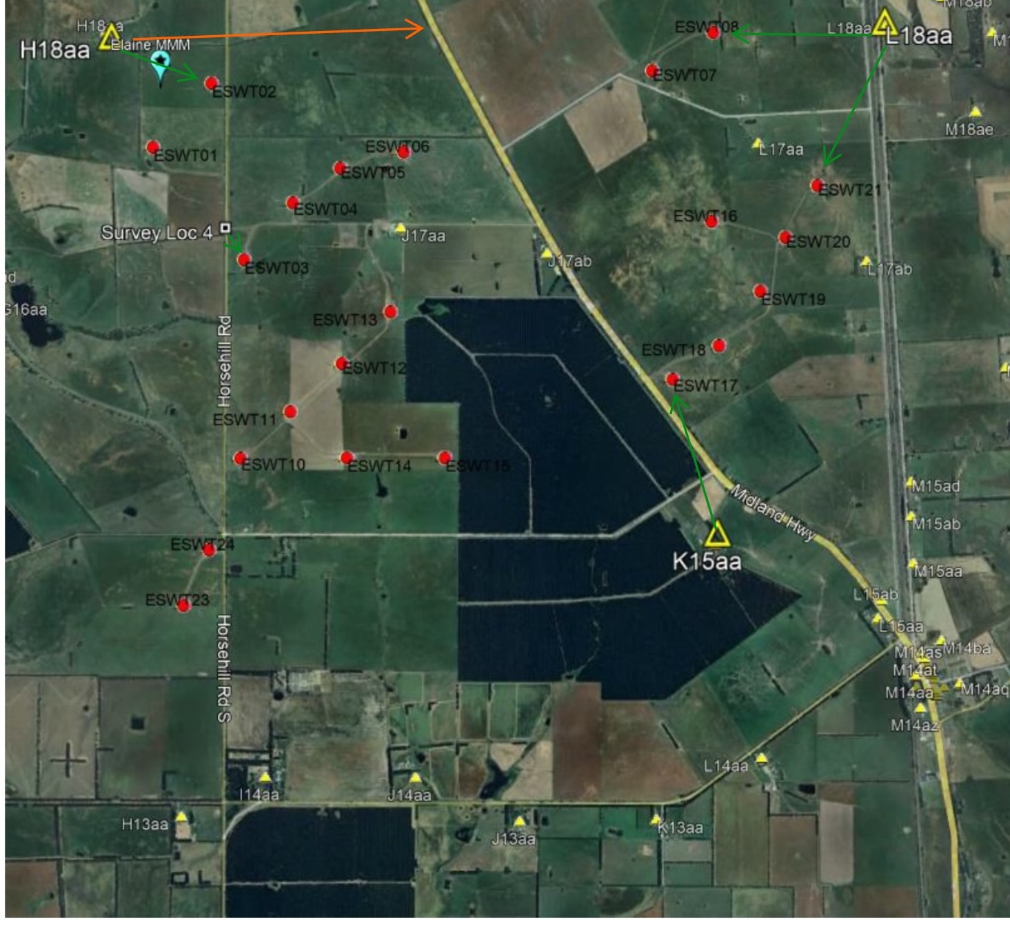 Annotated map showing attended listening observation locations, nearest turbines and H18aa to Midland Highway reference