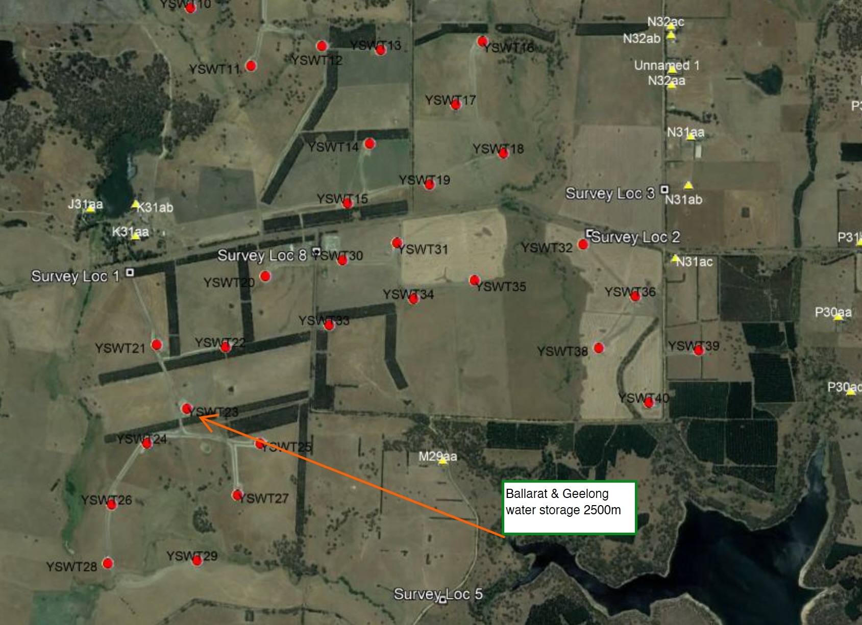 Annotated map showing turbine Y23 and an approximate straight-line distance of 2.5 kilometres to Lal Lal Reservoir