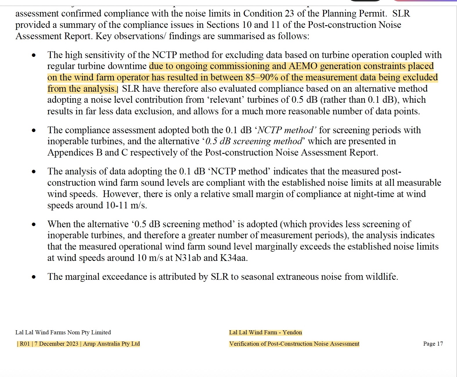 ARUP Yendon verification stating that regular turbine downtime due to ongoing commissioning and AEMO generation constraints resulted in 85 to 90 percent of measurement data being excluded