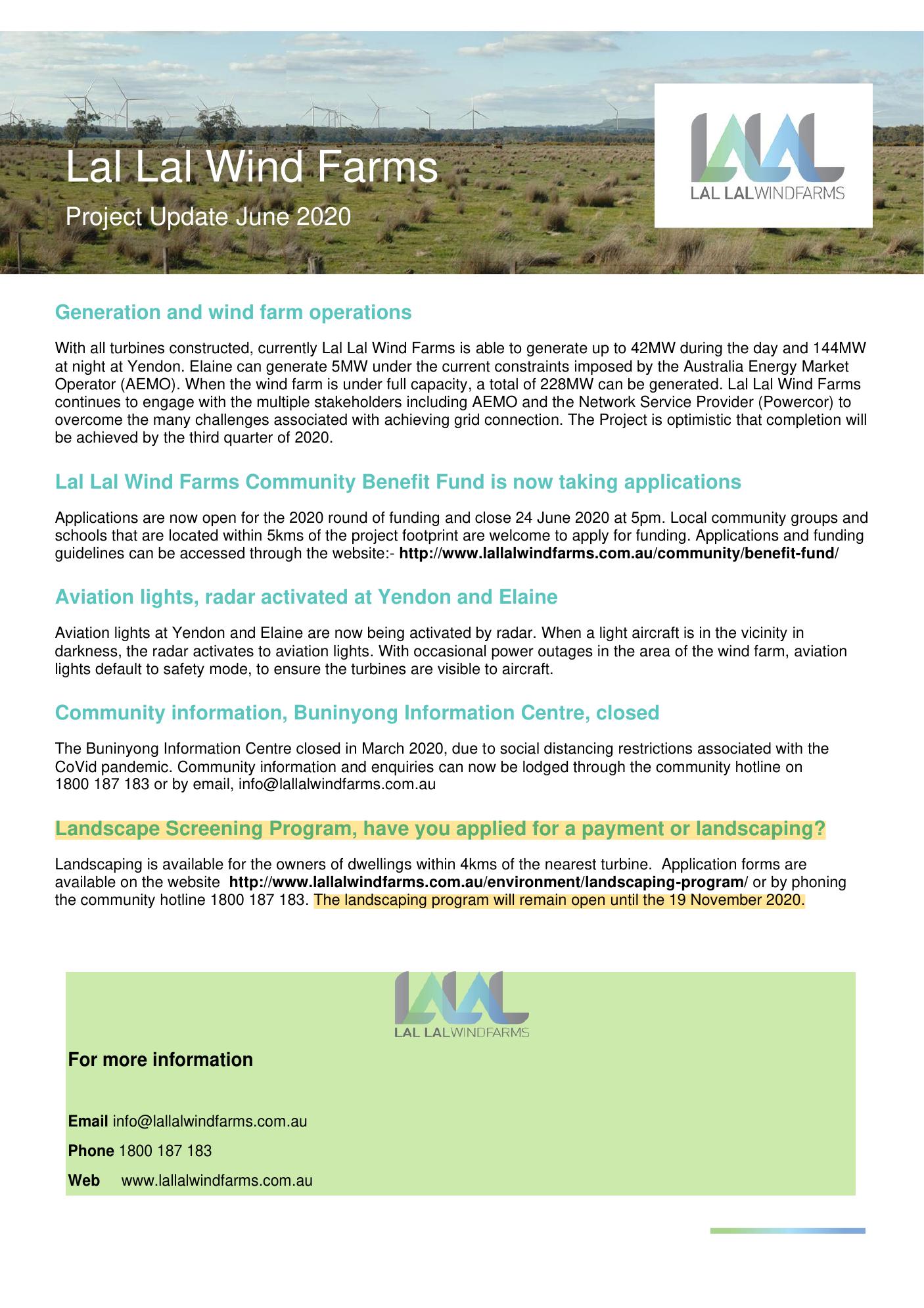 Lal Lal Wind Farms Community Bulletin June 2020 stating the landscaping program would remain open until 19 November 2020