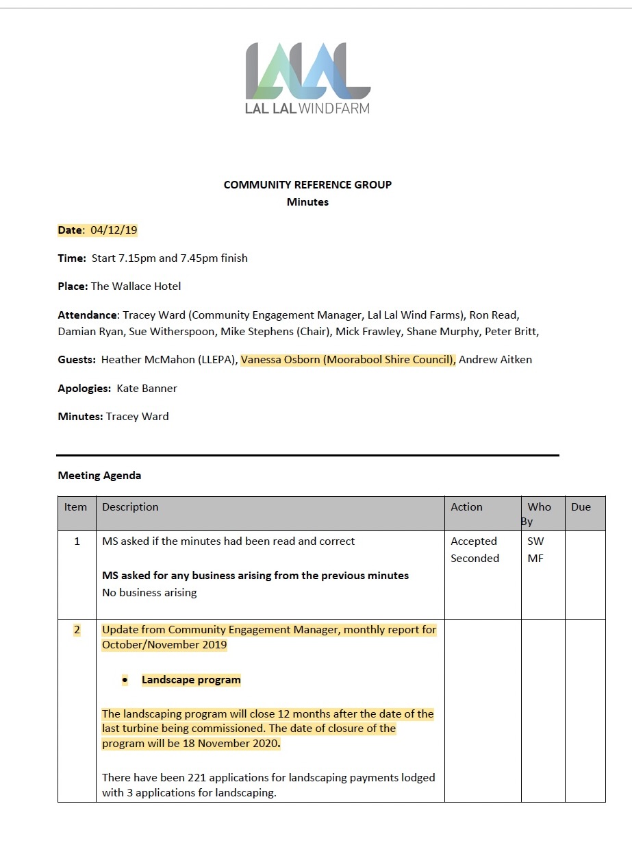 Community Reference Group minutes dated 4 December 2019 recording the Council officer in attendance and the landscaping closure date