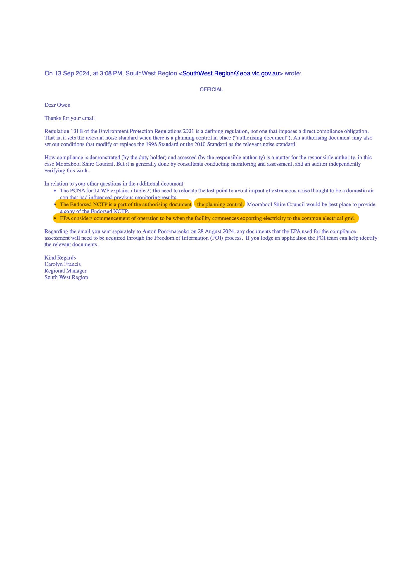 EPA correspondence stating that commencement of operation is when the facility commences exporting electricity to the common electrical grid