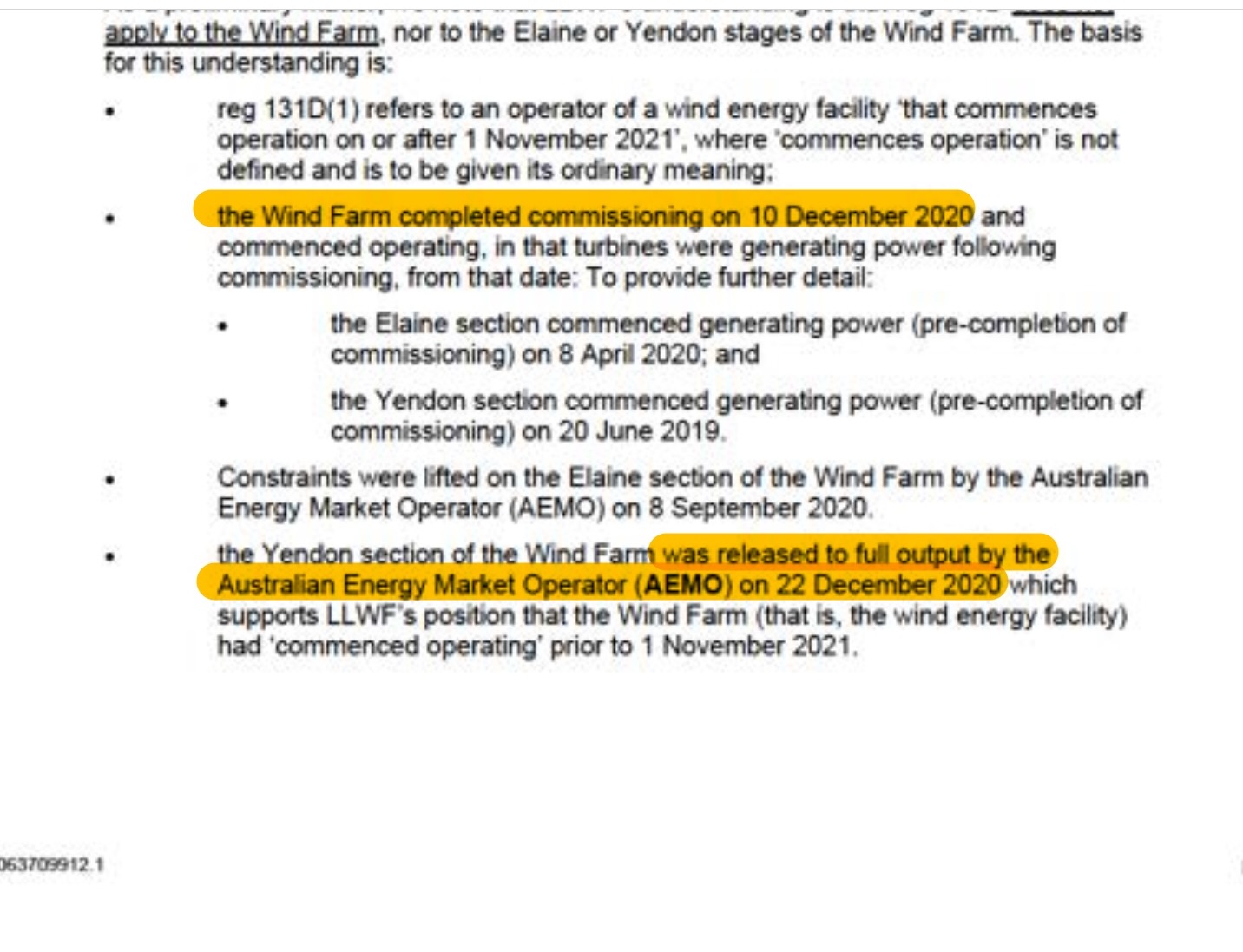 Lal Lal Wind Farms response to EPA IGN-00008382 recording commissioning completion, Yendon generation and release to full output dates