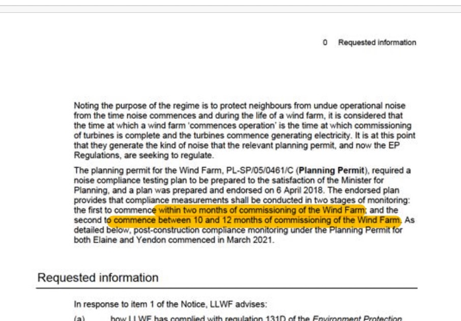 Lal Lal Wind Farms response to EPA Information Gathering Notice IGN-00008382 restating the post-construction monitoring timing by reference to commissioning of the Wind Farm