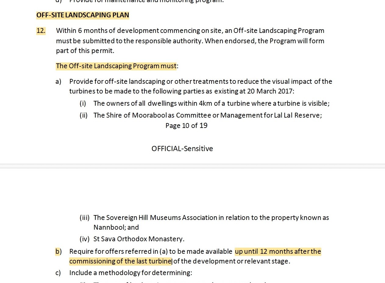 Planning Permit Condition 12 extract concerning the off-site landscaping program and the twelve-month period after commissioning of the last turbine