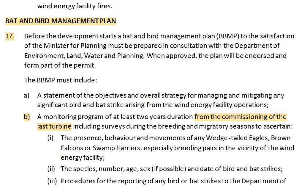 Planning Permit Condition 17 extract concerning the bat and bird management plan and monitoring from commissioning of the last turbine