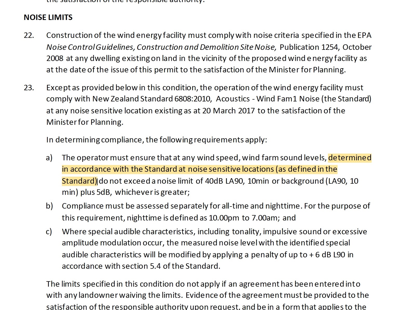 Planning Permit Condition 23 extract requiring wind farm sound levels to be determined in accordance with NZS 6808:2010 at noise sensitive locations as defined in the Standard