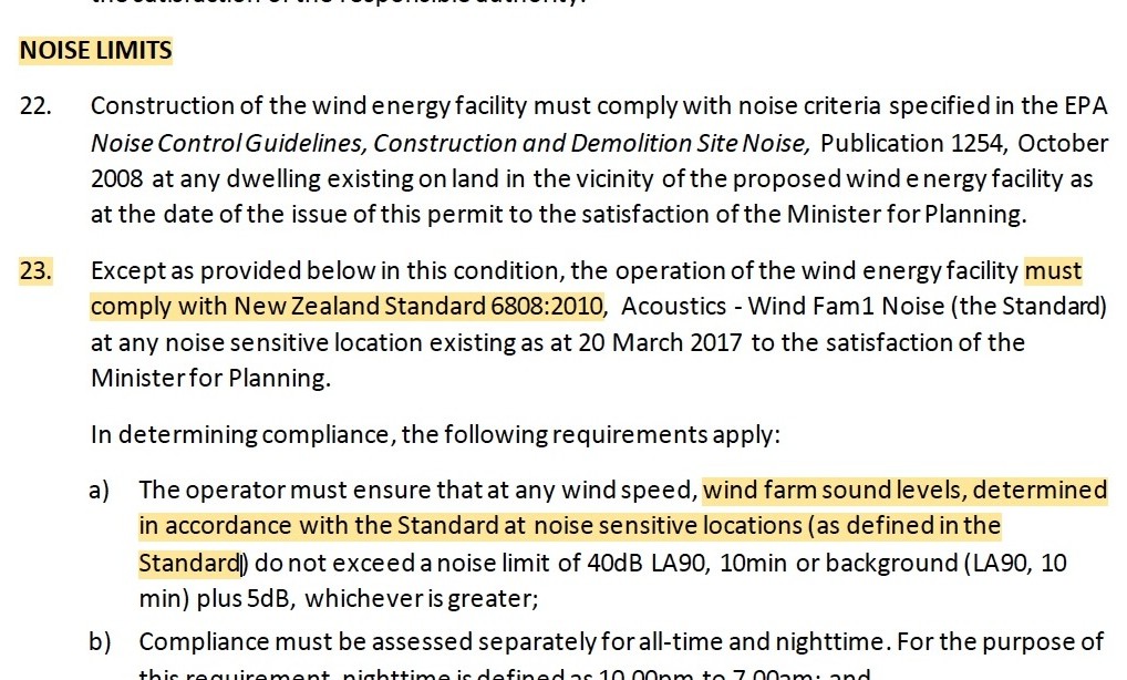 Planning Permit Conditions 23 to 25 extract concerning operational noise limits and the Noise Compliance Testing Plan