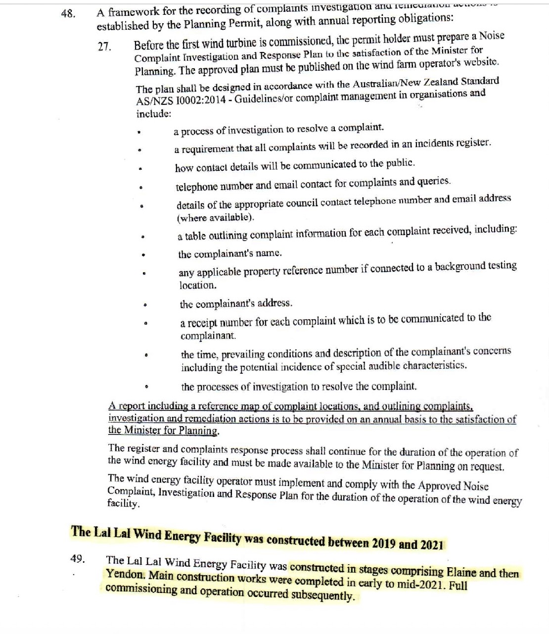 Lal Lal Wind Farms Practice Day Submissions in VCAT proceeding P775 2023 stating construction occurred between 2019 and 2021 and full commissioning and operation occurred after main construction works were completed in early to mid 2021