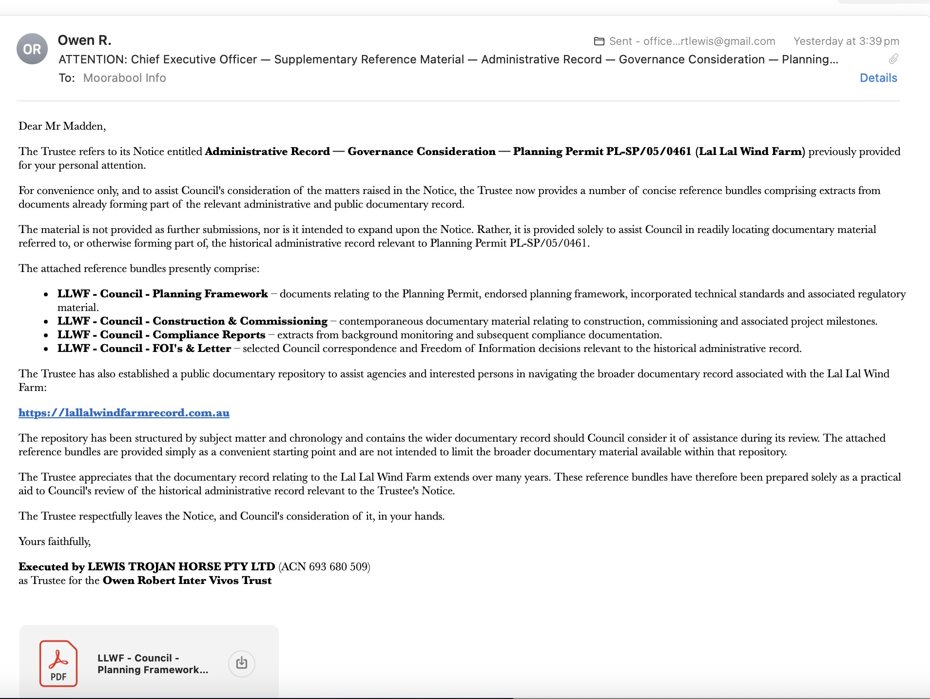 Preview of the Trustee's 24 July 2026 supplementary reference material email to the Chief Executive Officer of Moorabool Shire Council
