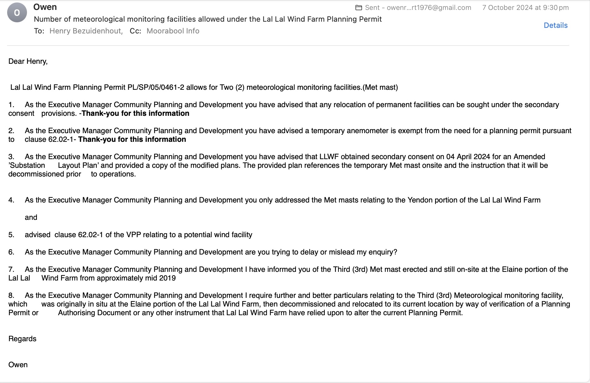 Beneficiary email to Henry Bezuidenhout and Moorabool Info dated 7 October 2024 concerning the number of meteorological monitoring facilities and an asserted third Elaine met mast