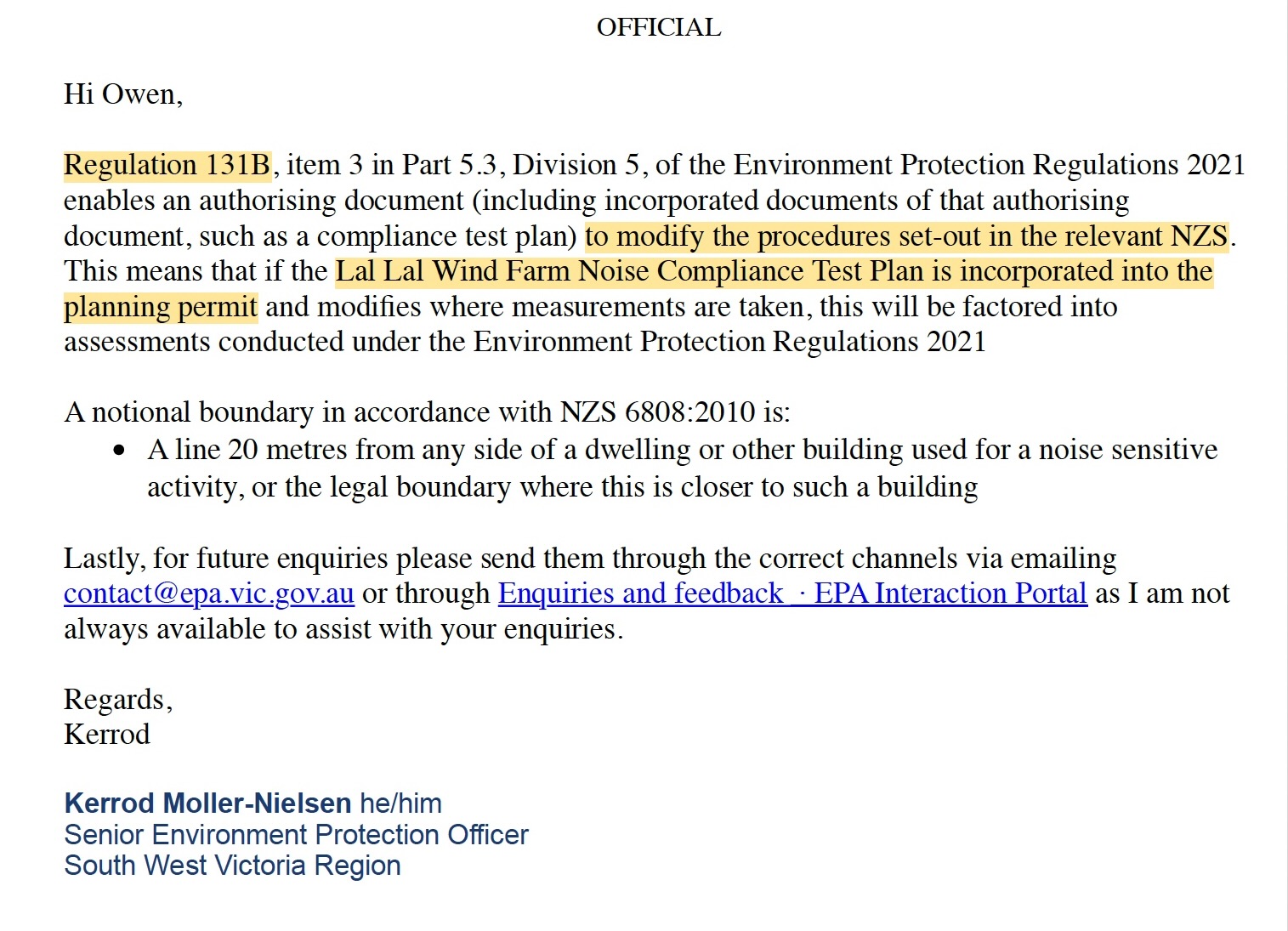 EPA correspondence explaining Regulation 131B and the role of the Lal Lal Wind Farm Noise Compliance Testing Plan as an incorporated authorising document