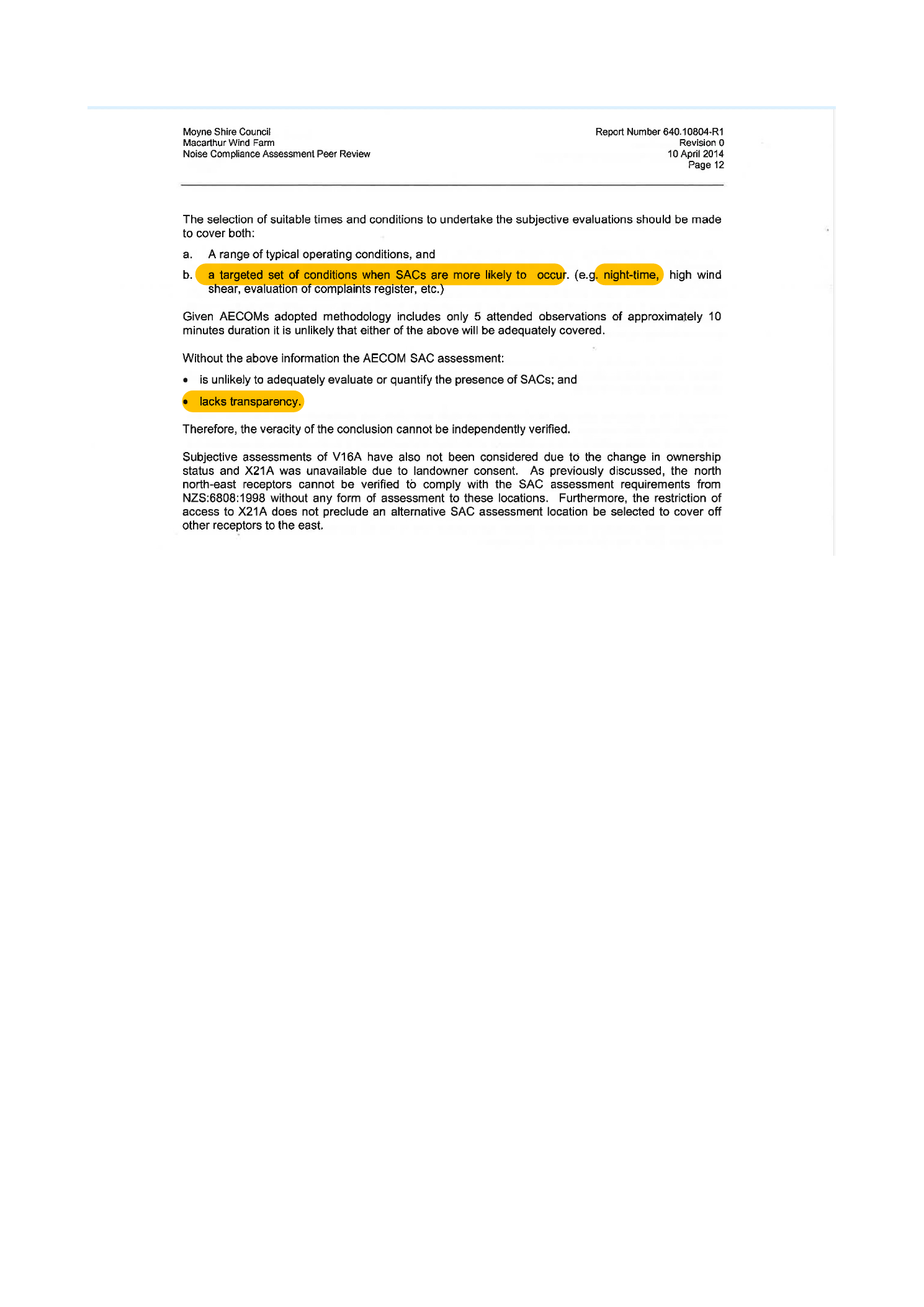 Peer-review extract concerning targeted SAC assessment conditions, transparency and independent verification