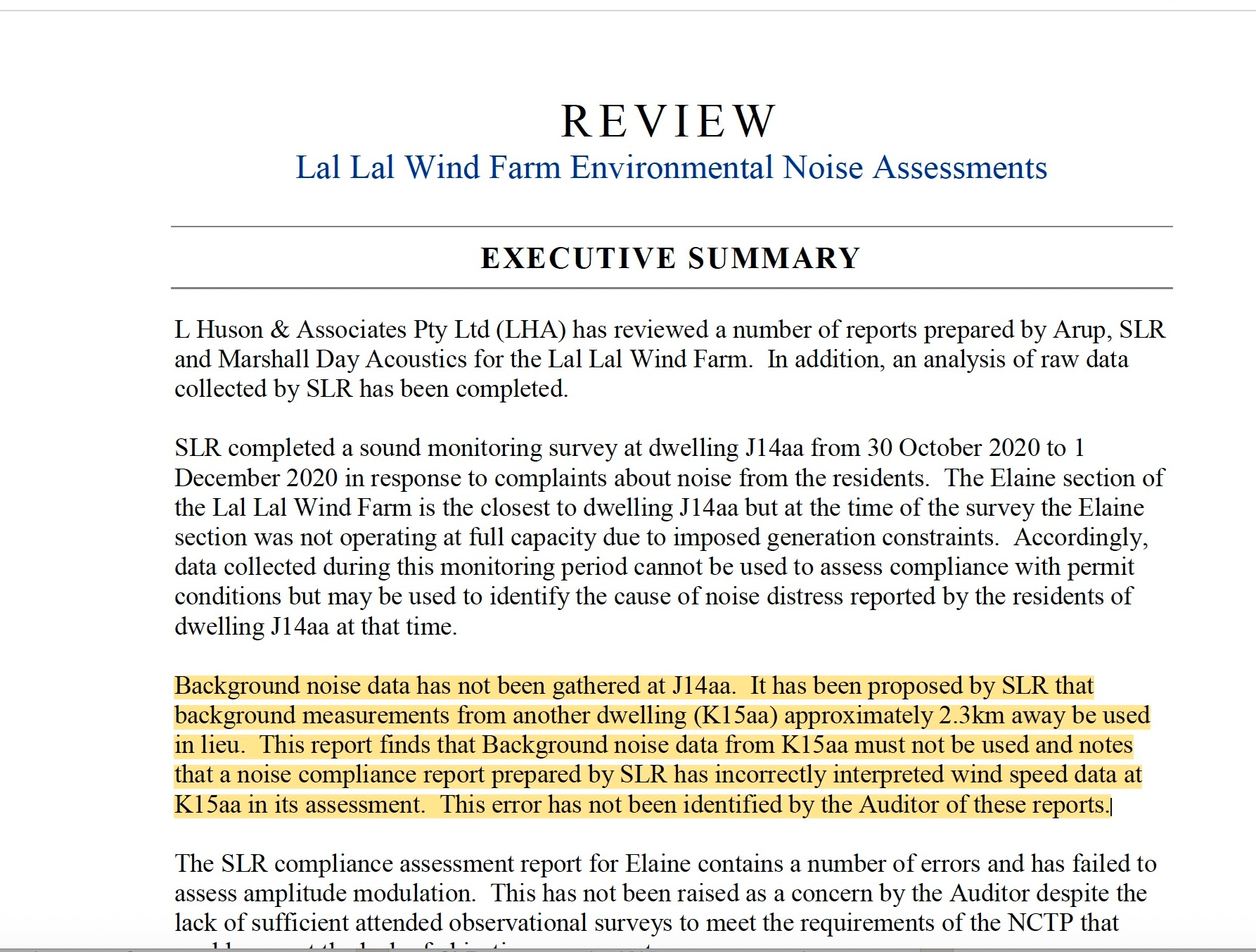 L Huson 2022 executive summary disputing use of K15aa background data for J14aa