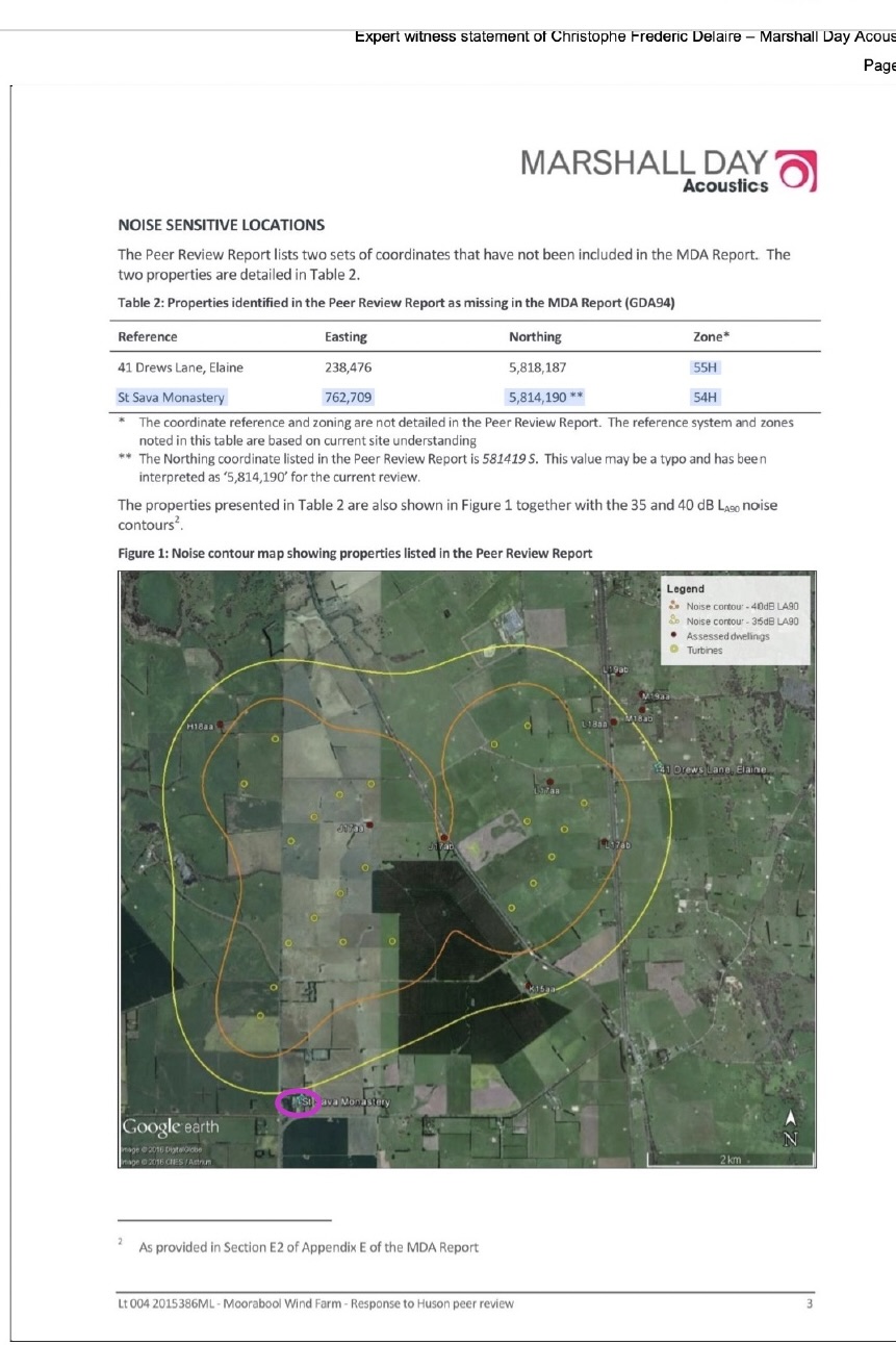 Marshall Day 2016 response showing St Sava Monastery and predicted 35 and 40 dB contours
