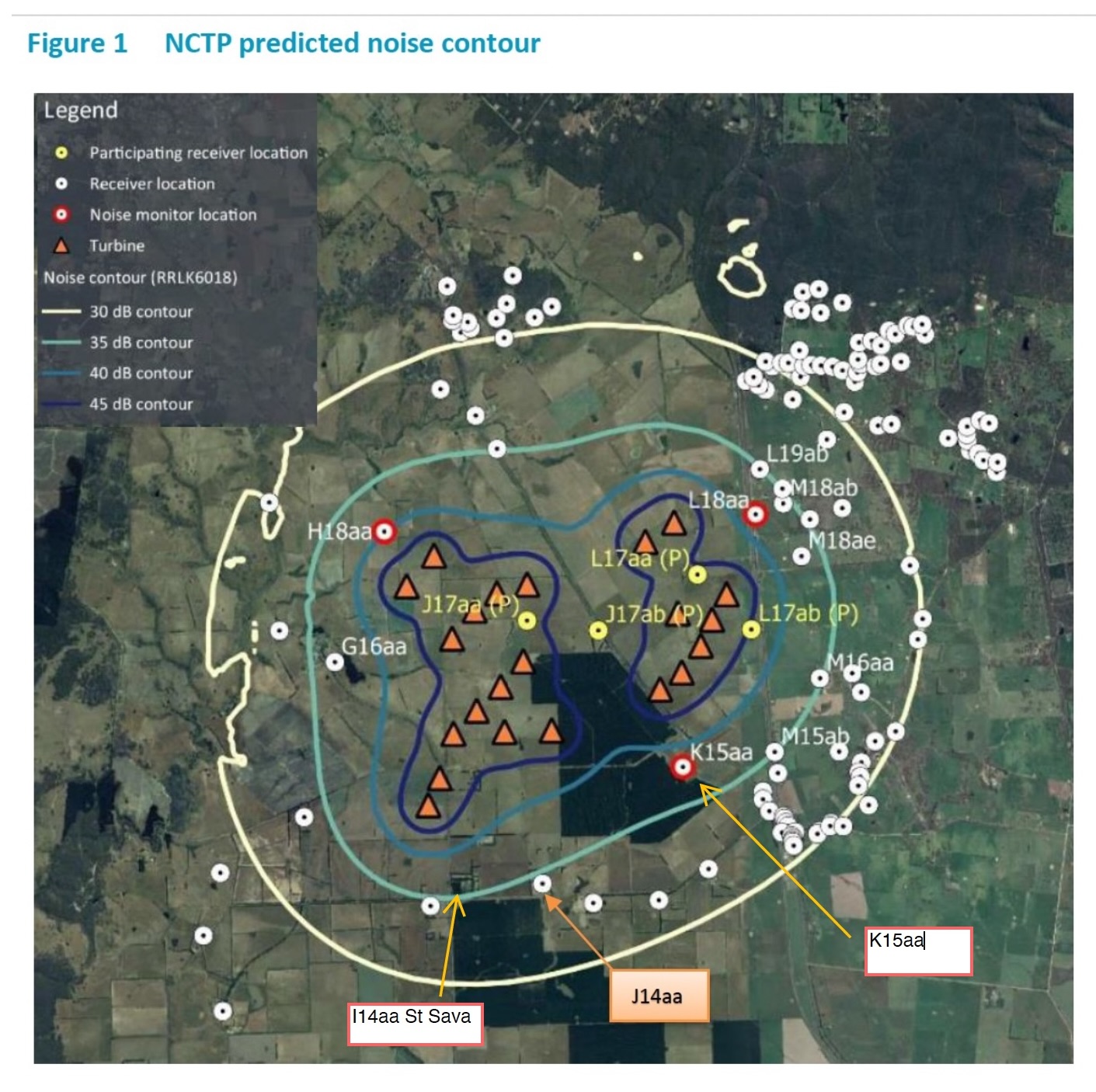NCTP predicted noise contour showing I14aa St Sava, J14aa and K15aa