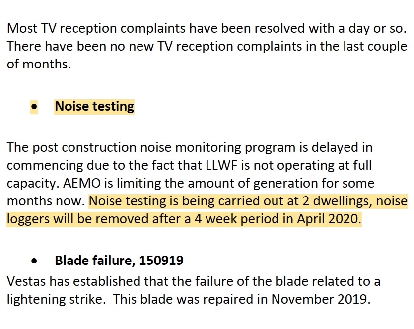 Community Reference Group minutes dated 24 March 2020 recording delayed post-construction noise monitoring and four weeks of noise testing at two dwellings