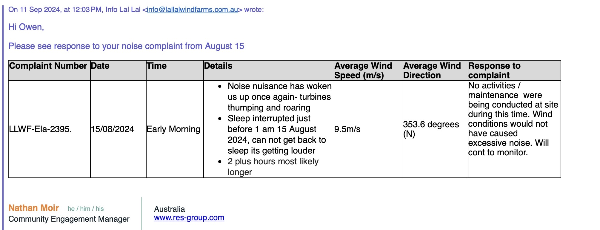Extract of the Lal Lal Wind Farm response to the 15 August 2024 noise complaint showing an average wind speed of 9.5 metres per second and the response that wind conditions would not have caused excessive noise
