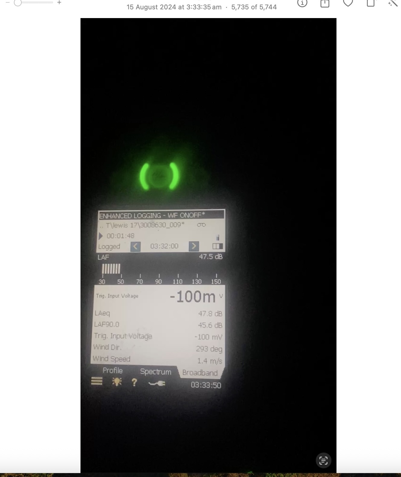Contemporaneous photograph of the SLR logger at J14aa at about 3:33 am on 15 August 2024 showing LAeq 47.8 dB, LAF90.0 45.6 dB and local wind speed 1.4 metres per second