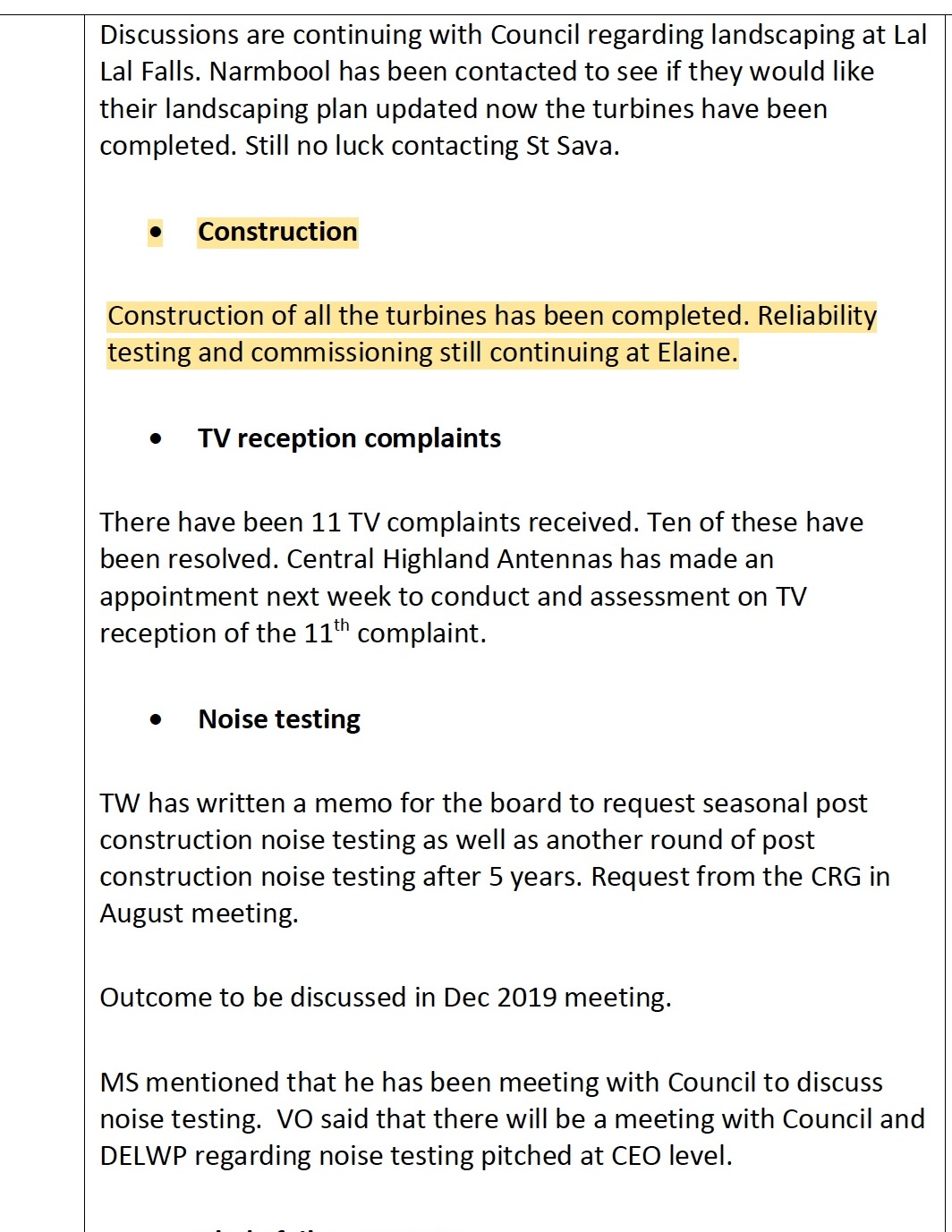 Community Reference Group Minutes extract dated 1 October 2019 recording that construction of all turbines had been completed and reliability testing and commissioning were continuing at Elaine