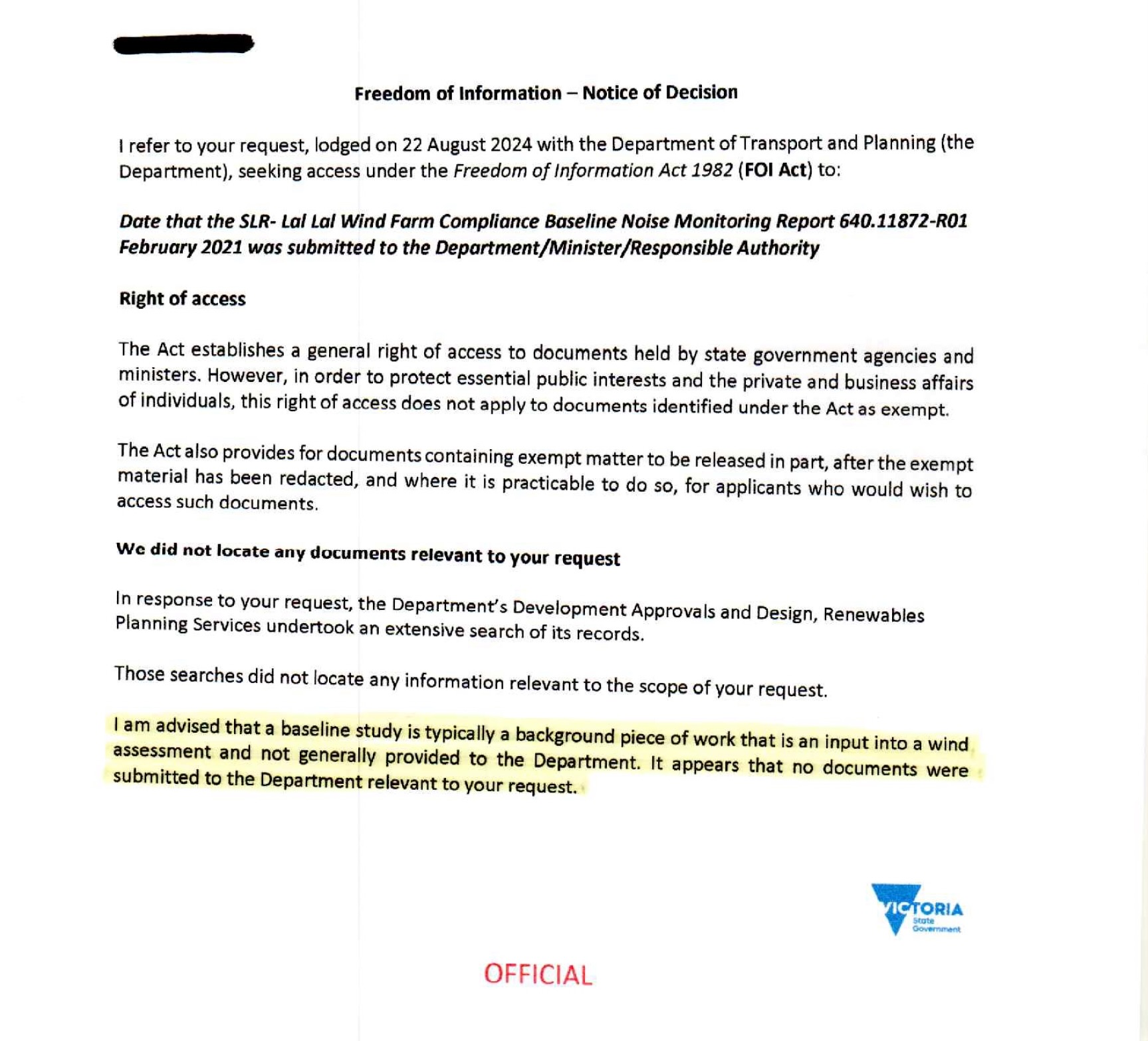 Department of Transport and Planning FOI decision CS015467 extract recording that no documents were located regarding submission of the February 2021 SLR baseline noise monitoring report