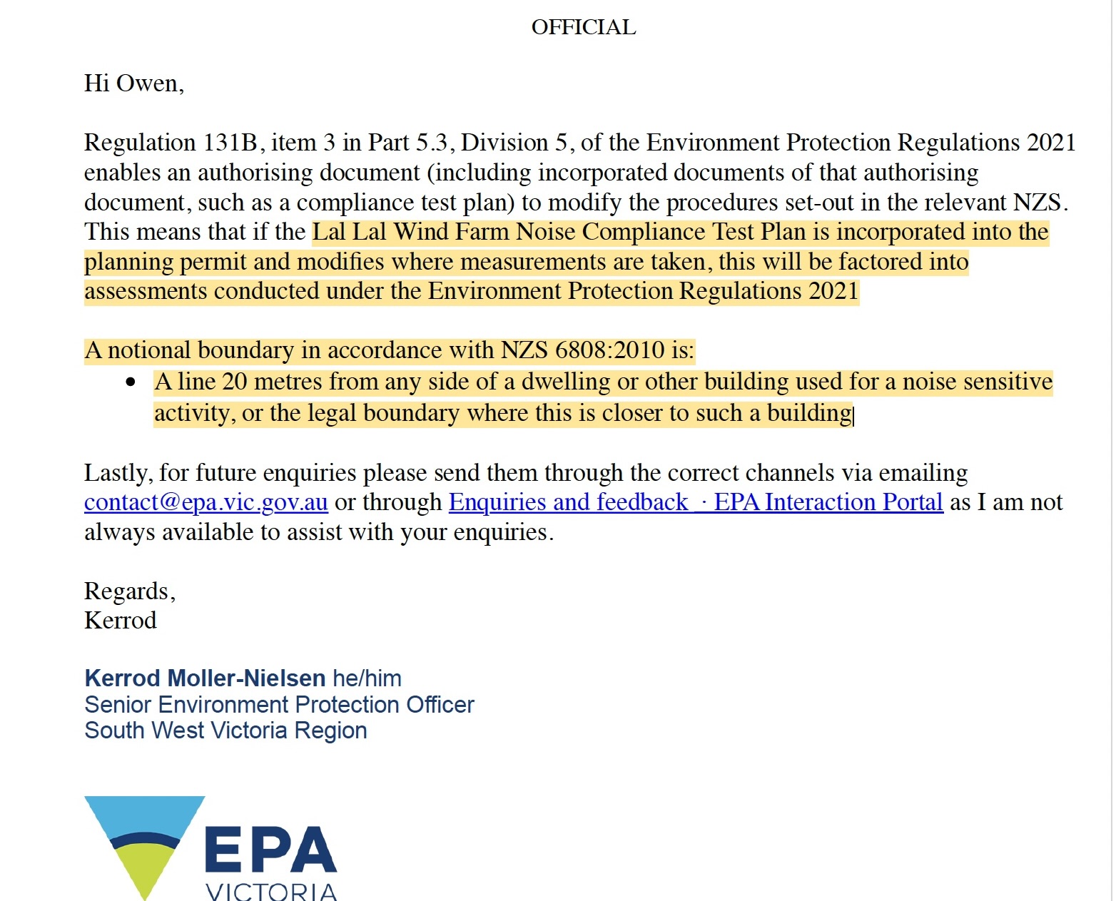 EPA correspondence explaining Regulation 131B, the Lal Lal Wind Farm Noise Compliance Test Plan and the NZS 6808:2010 notional boundary definition