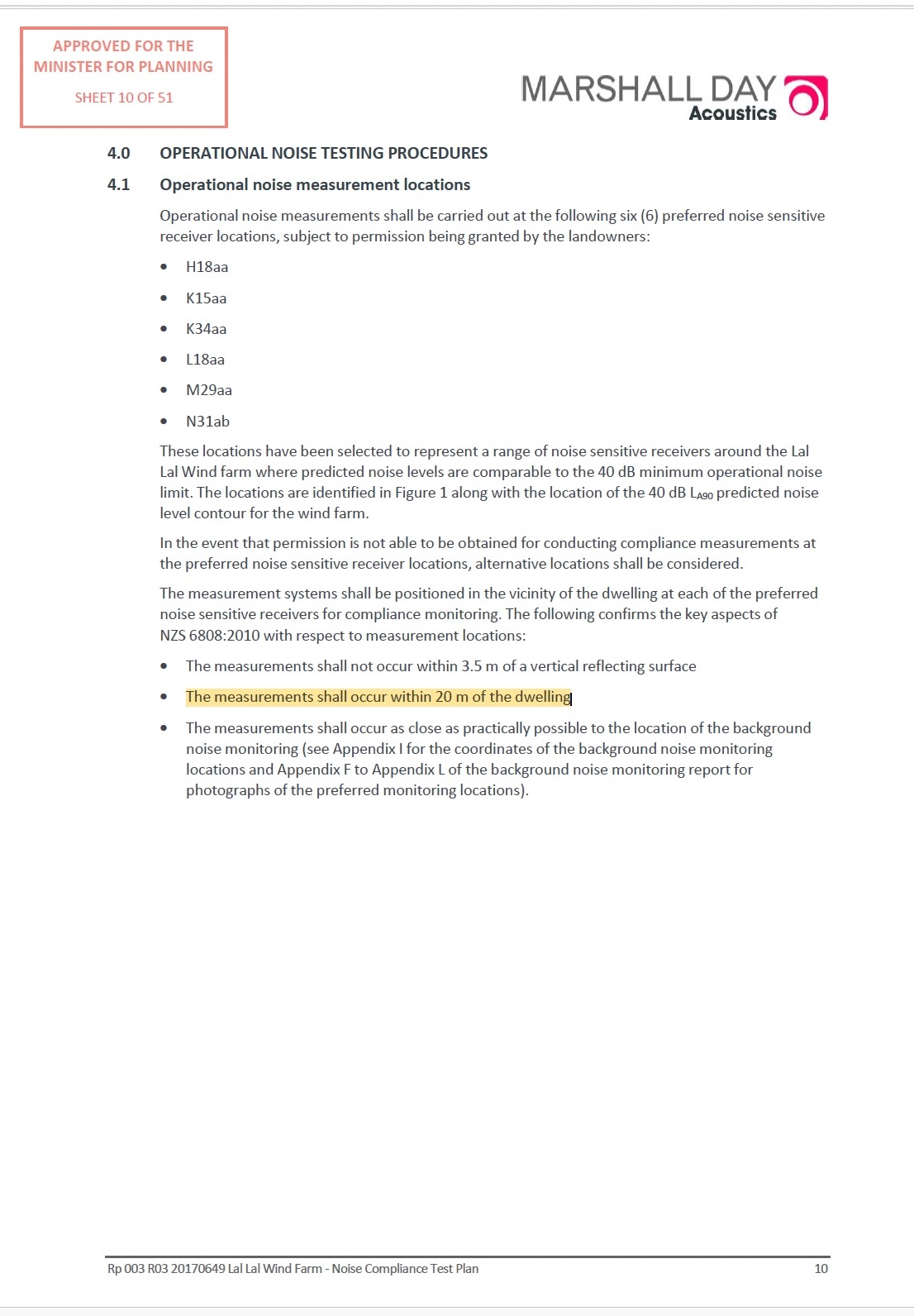 Noise Compliance Test Plan extract identifying K15aa as an operational noise measurement location and measurement siting requirements