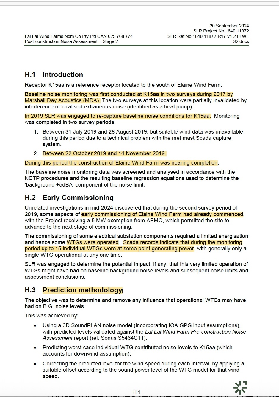 SLR Appendix H extract recording K15aa monitoring history, early commissioning, turbine operation and prediction methodology