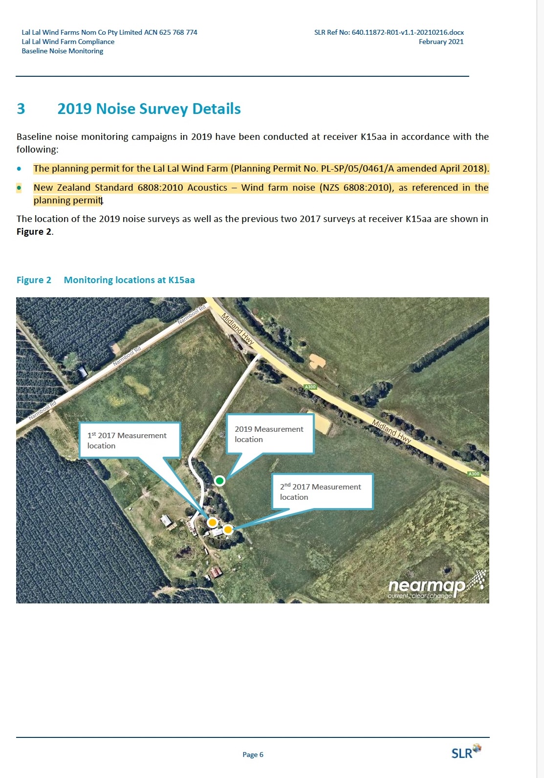 SLR 2021 Baseline Noise Monitoring extract showing 2019 K15aa noise survey details and monitoring locations