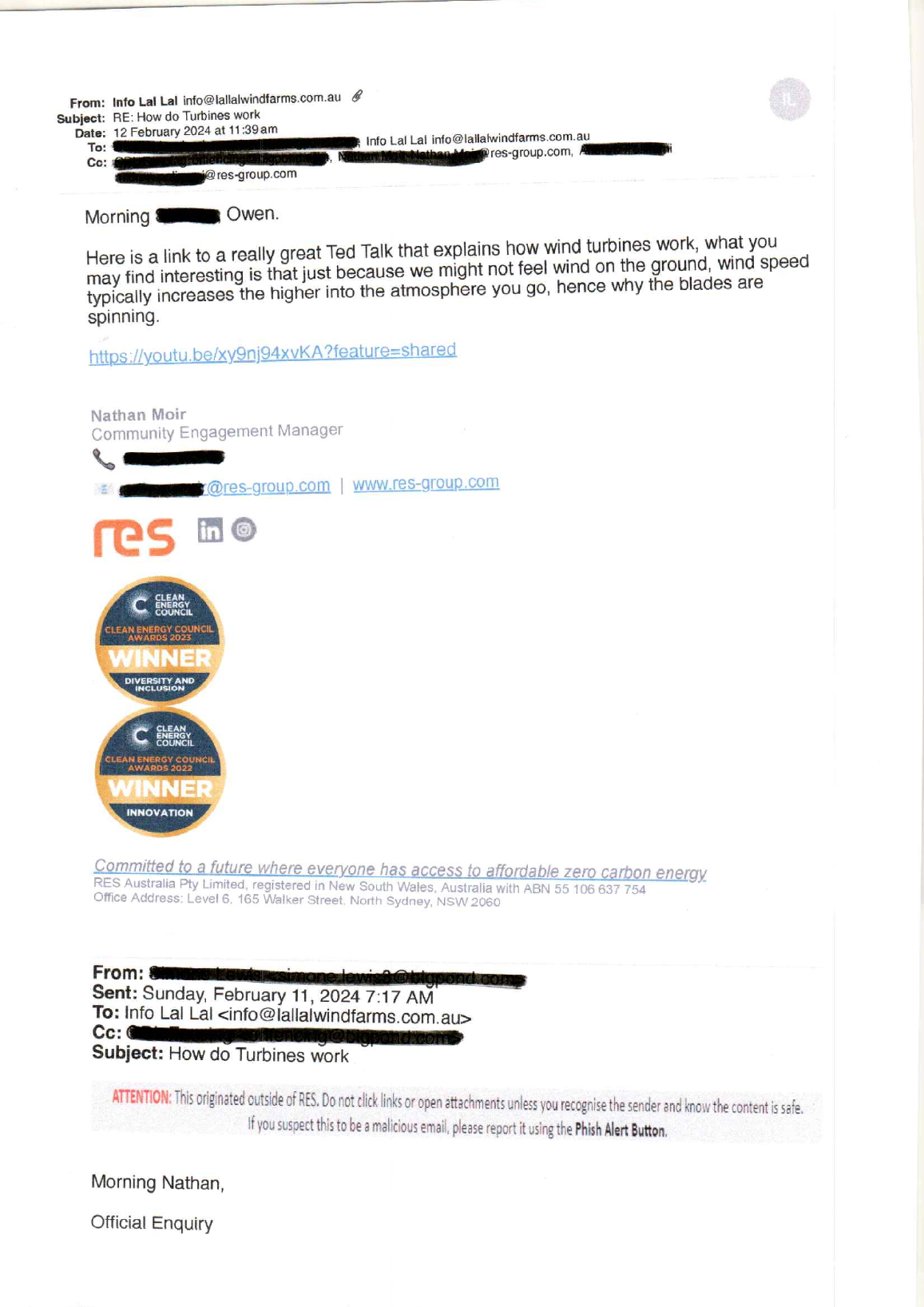 Page one of the February 2024 correspondence showing Lal Lal Wind Farm's response explaining that wind speed typically increases higher into the atmosphere and providing a TED-Ed link