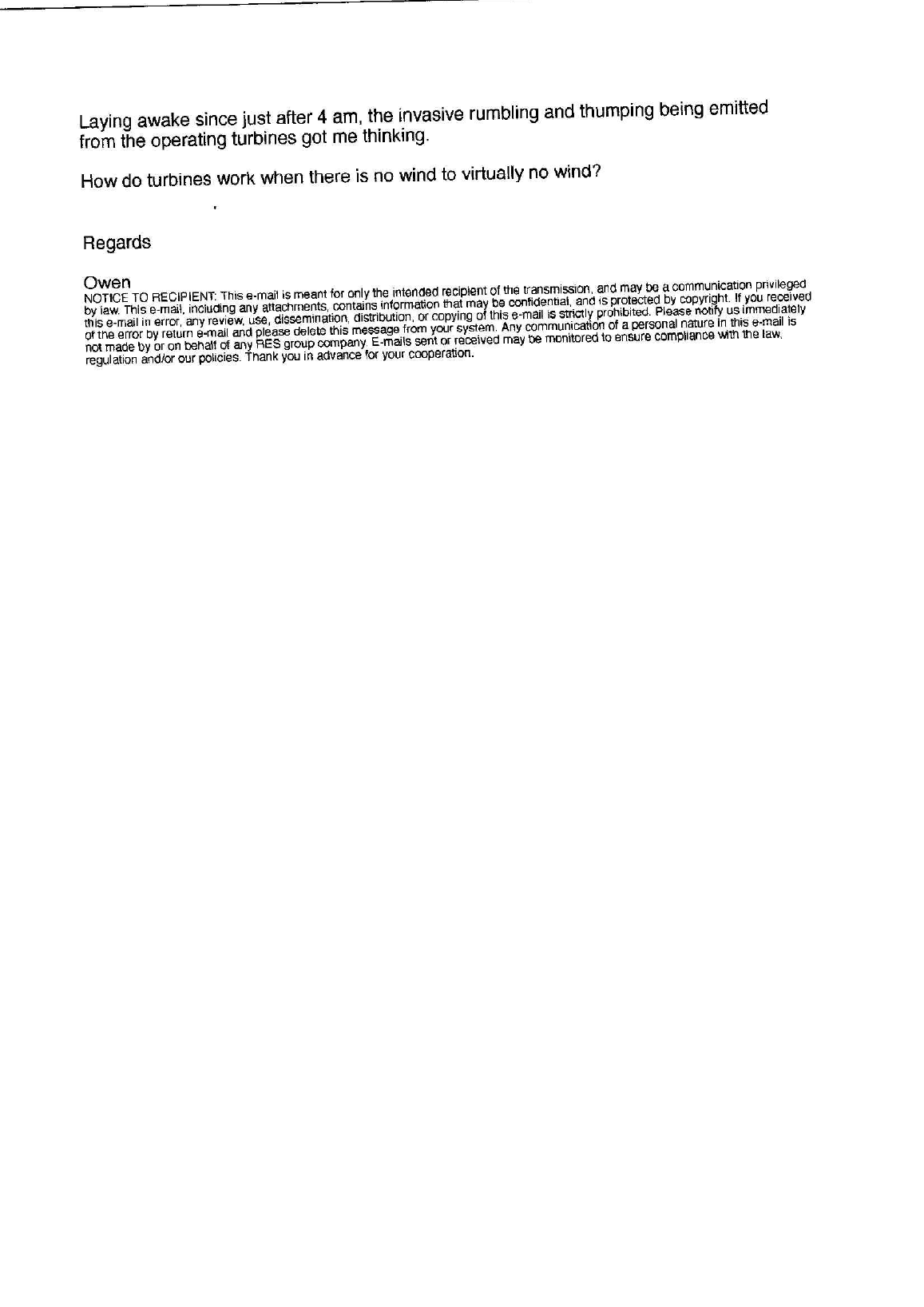Page two of the February 2024 correspondence showing the Beneficiary's question asking how turbines work when there is no wind to virtually no wind