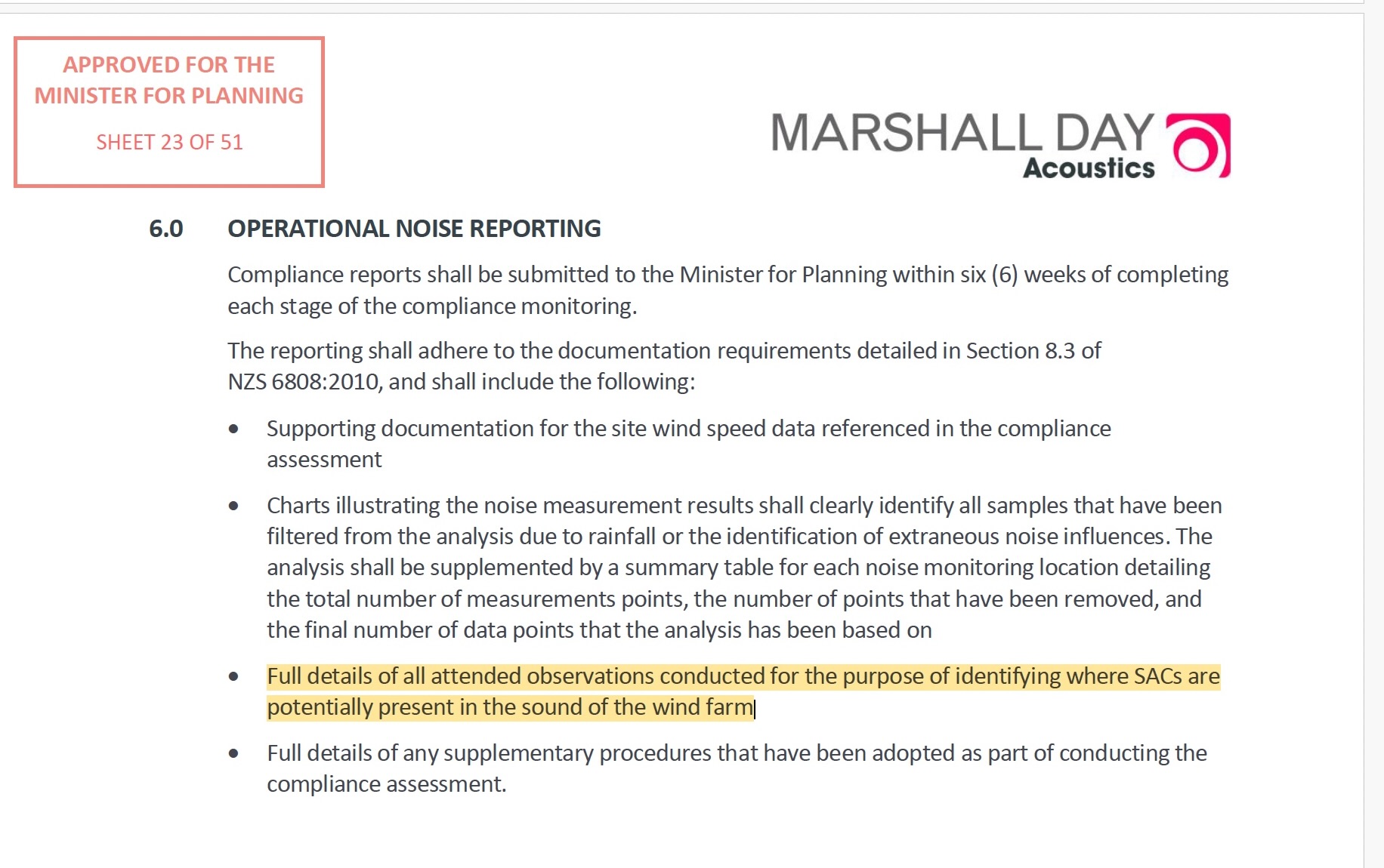 NCTP extract showing operational noise reporting requirements for attended observations