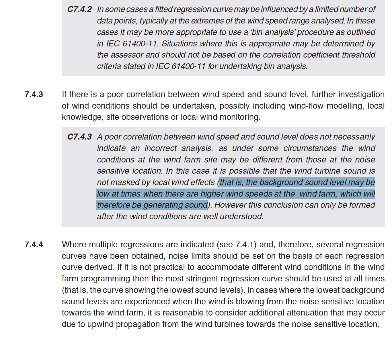 Extract of NZS 6808:2010 clause 7.4.3 and commentary C7.4.3 explaining that wind conditions at the wind farm may differ from those at a noise-sensitive location and background sound may be low while wind speeds at the wind farm are higher