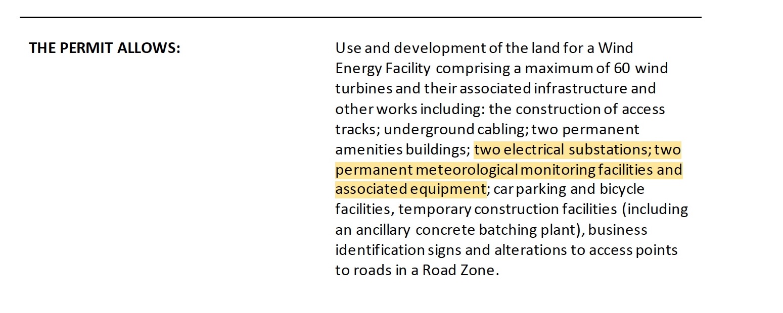Extract from the earlier Lal Lal Wind Farm planning permit highlighting two permanent meteorological monitoring facilities and associated equipment