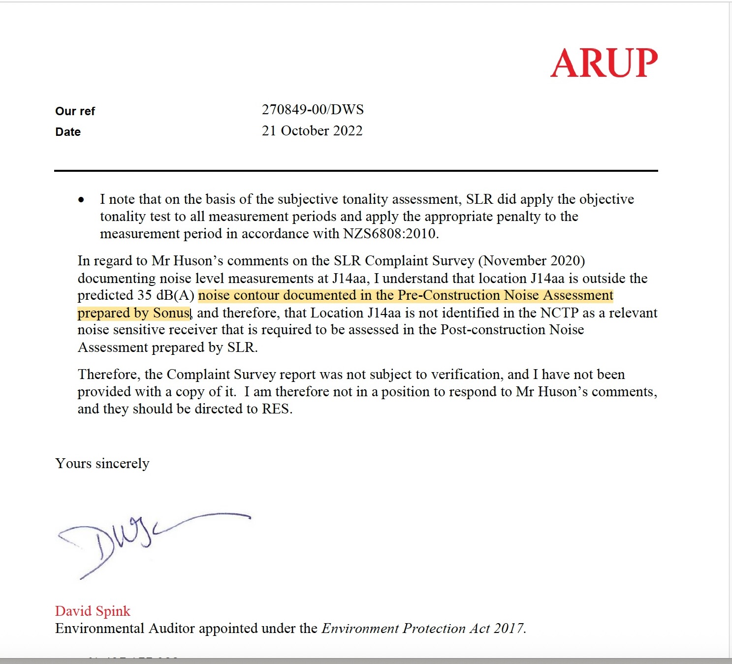 ARUP EPA Auditor Letter extract referring to the predicted 35 dBA noise contour in the Sonus pre-construction noise assessment when discussing J14aa