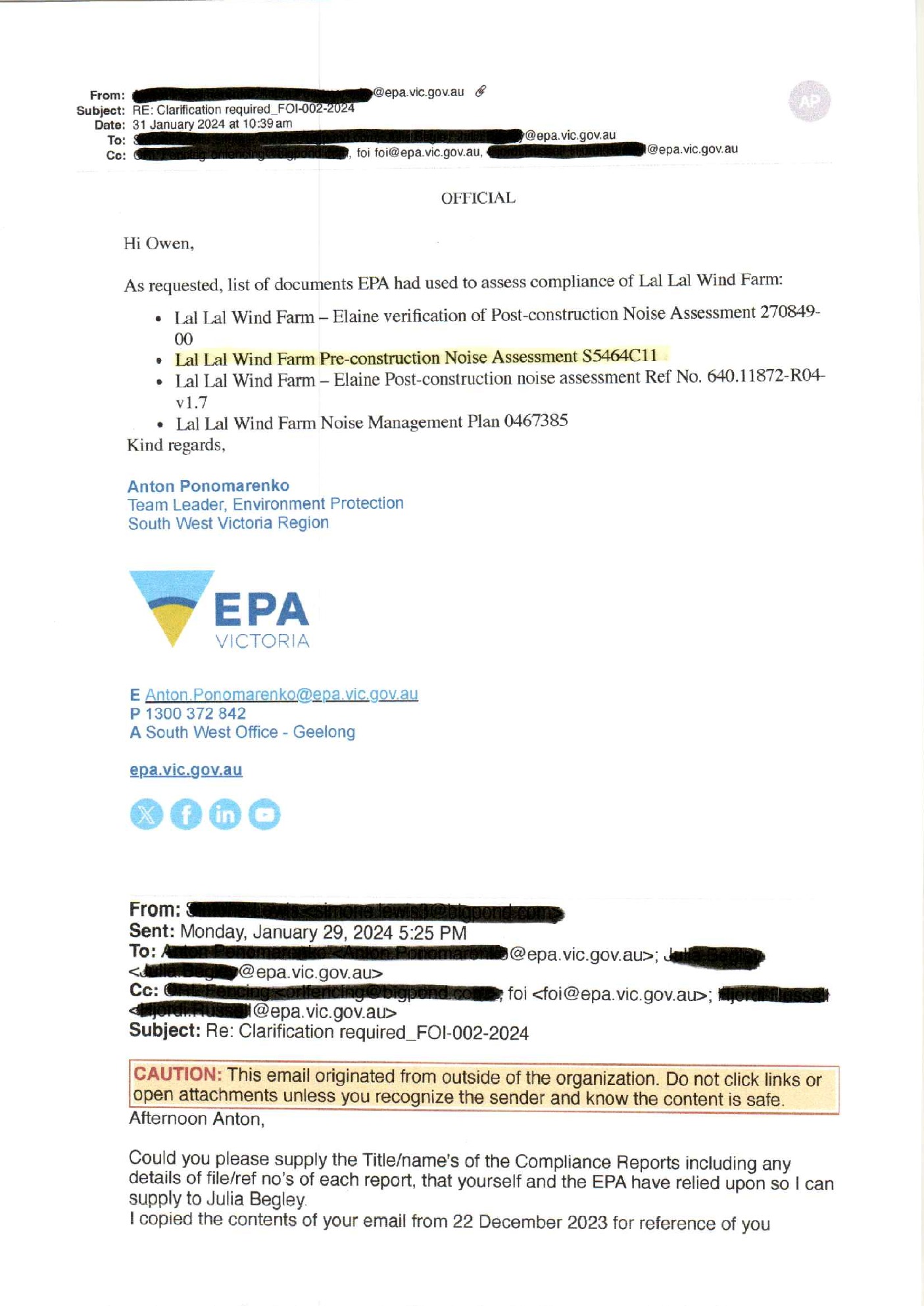 EPA email dated 31 January 2024 identifying Sonus S5464C11 among the documents EPA used to assess compliance