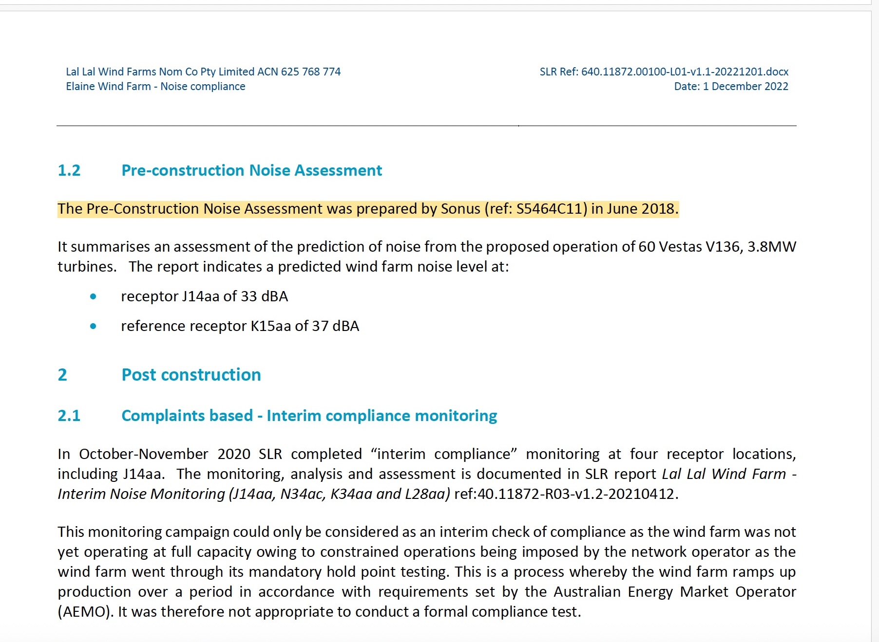 SLR Technical Response Letter extract identifying the June 2018 Sonus pre-construction noise assessment and predicted levels for J14aa and K15aa