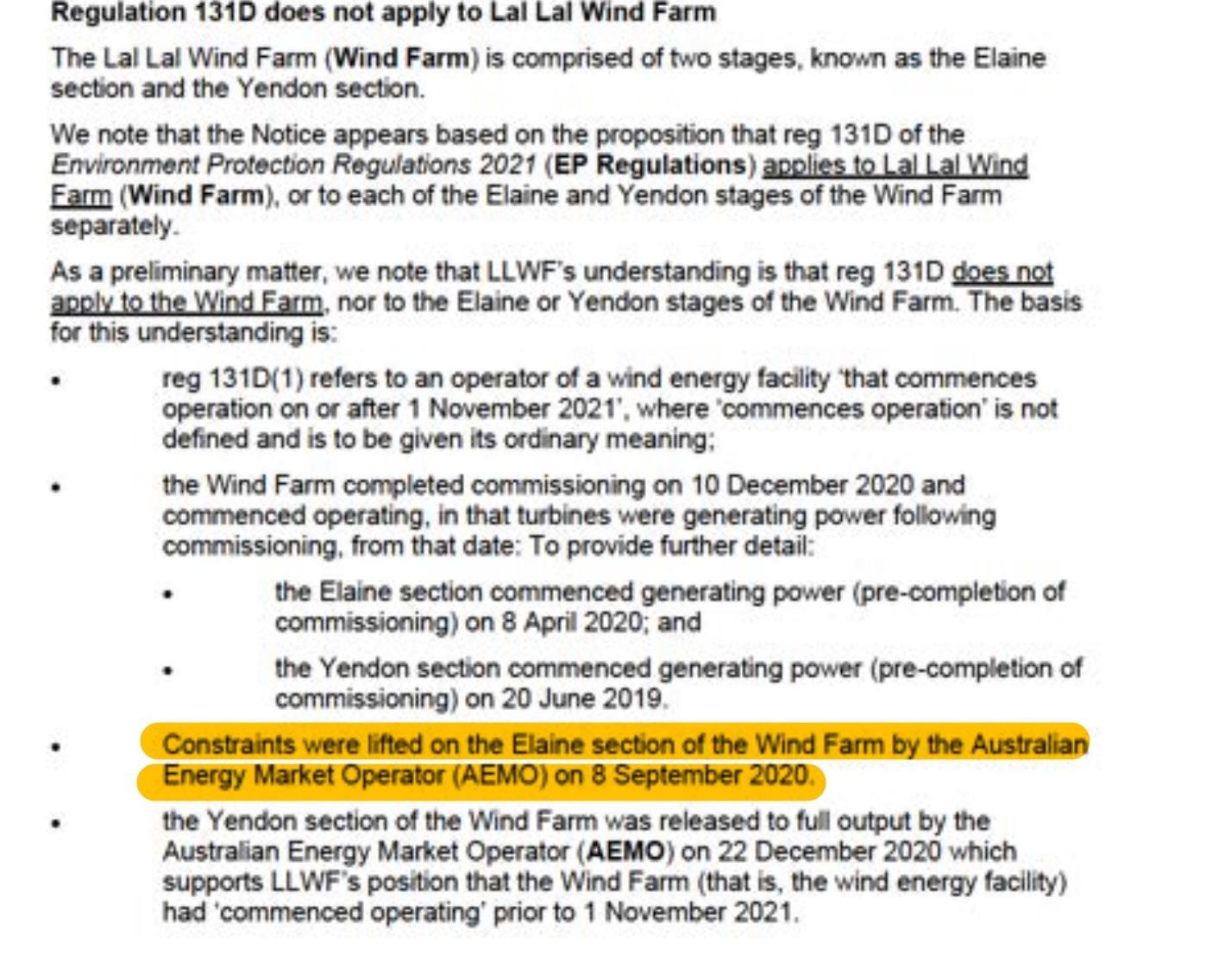 LLWF correspondence recording that AEMO constraints on the Elaine section were lifted on 8 September 2020