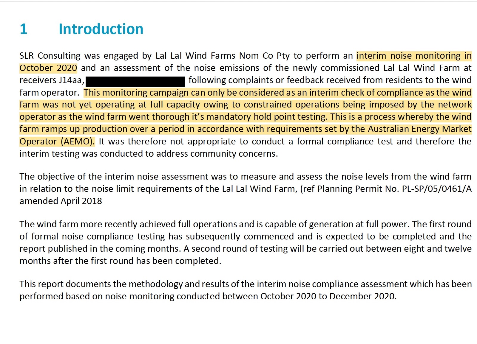 SLR Interim Noise Monitoring introduction stating that October 2020 monitoring was an interim check because the wind farm was not yet operating at full capacity