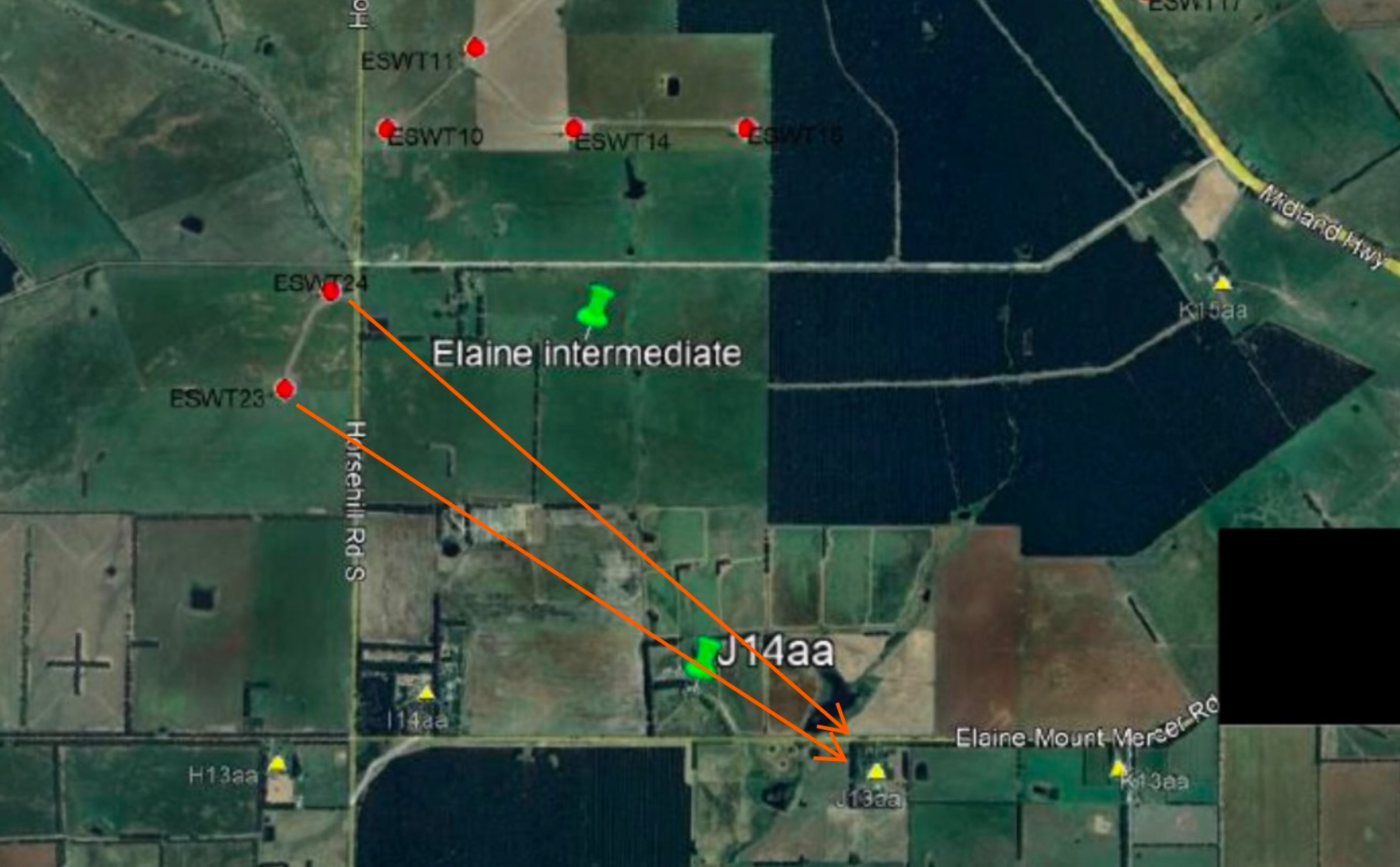 Map showing ESWT23 and ESWT24 in relation to J13aa, J14aa, Elaine Intermediate and K15aa