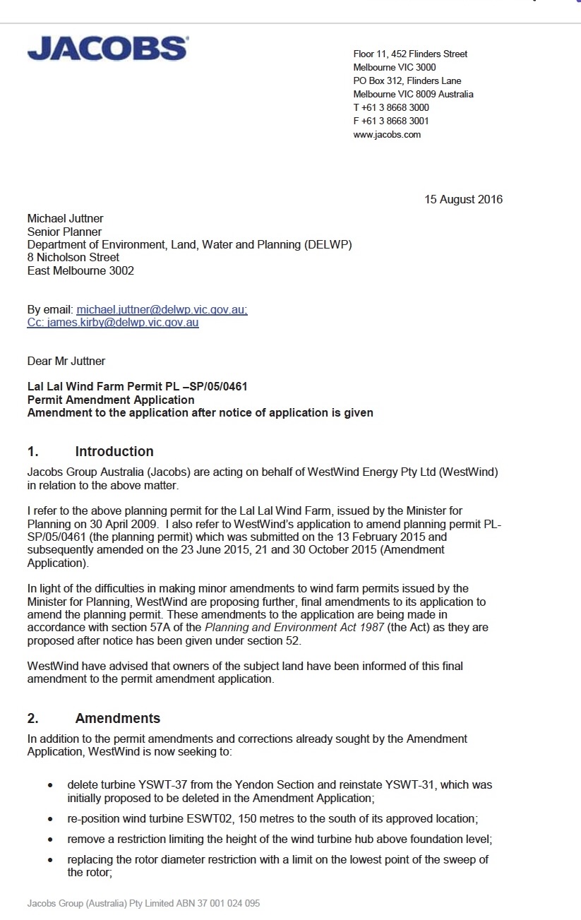 Front page of the 15 August 2016 Jacobs permit amendment application