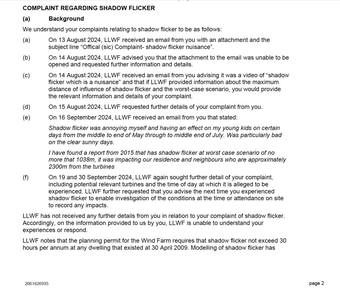 Extract from LLWF formal response summarising the 2024 shadow flicker complaint chronology