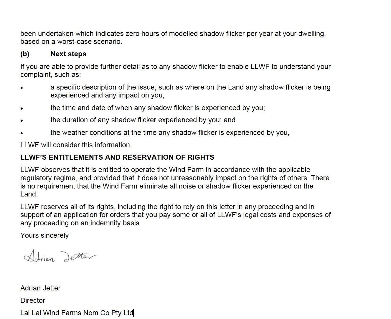 Extract from LLWF formal response stating zero modelled hours at the dwelling and inviting further particulars