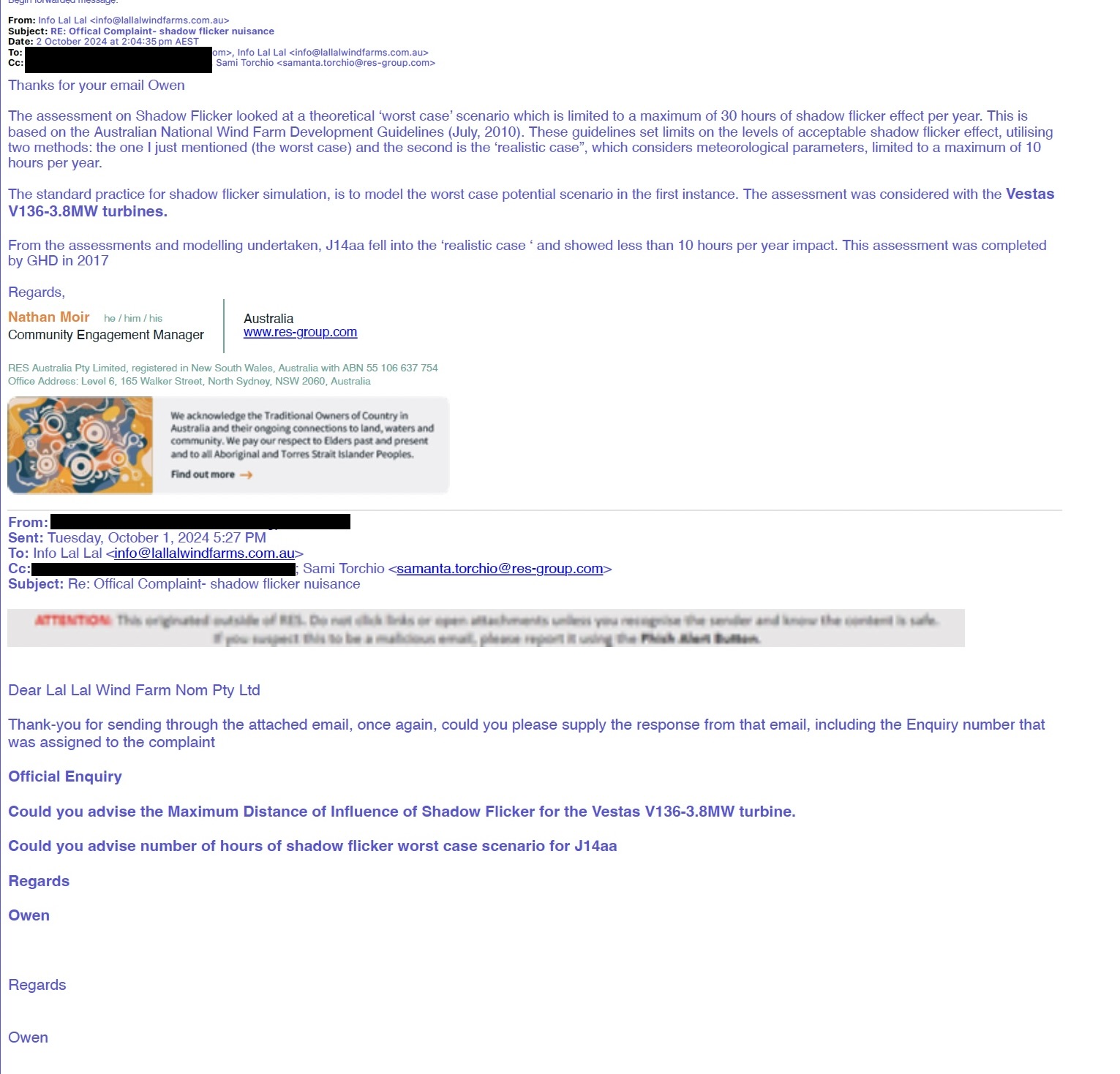 Redacted 2 October 2024 LLWF email response concerning shadow flicker modelling at J14aa
