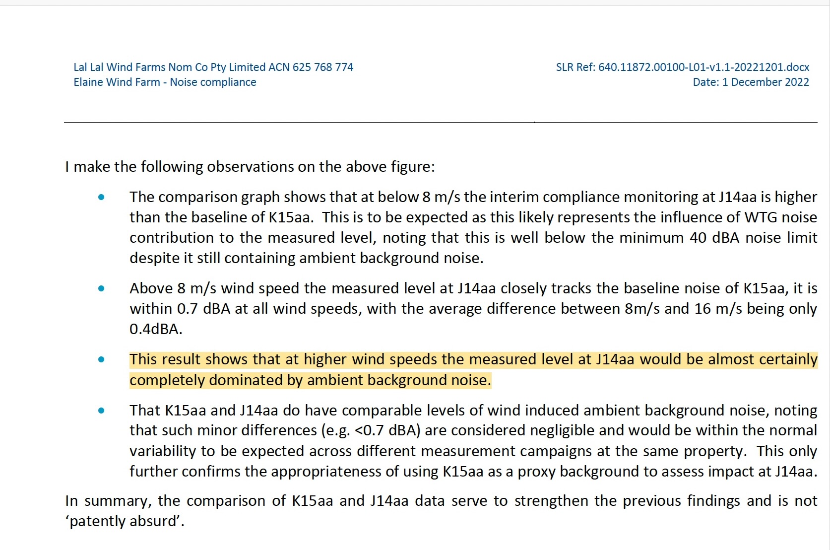 SLR 1 December 2022 extract stating that at higher wind speeds the measured level at J14aa would be almost certainly completely dominated by ambient background noise