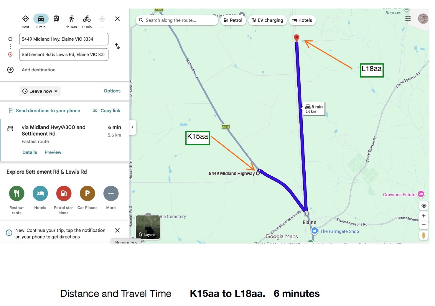 Mapped driving route between K15aa and L18aa showing an approximate travel time of 6 minutes
