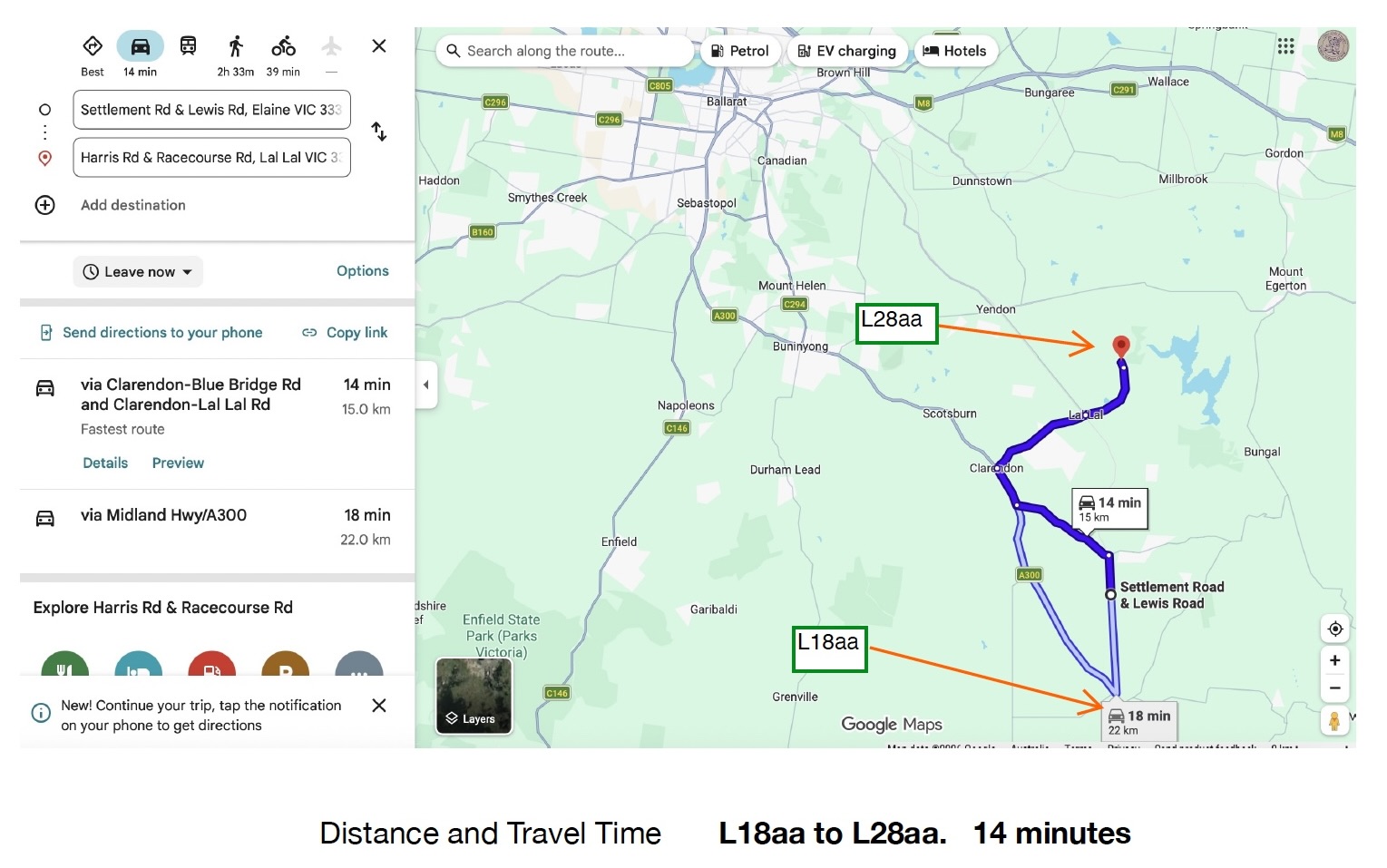 Mapped driving route between L18aa and L28aa showing an approximate travel time of 14 minutes