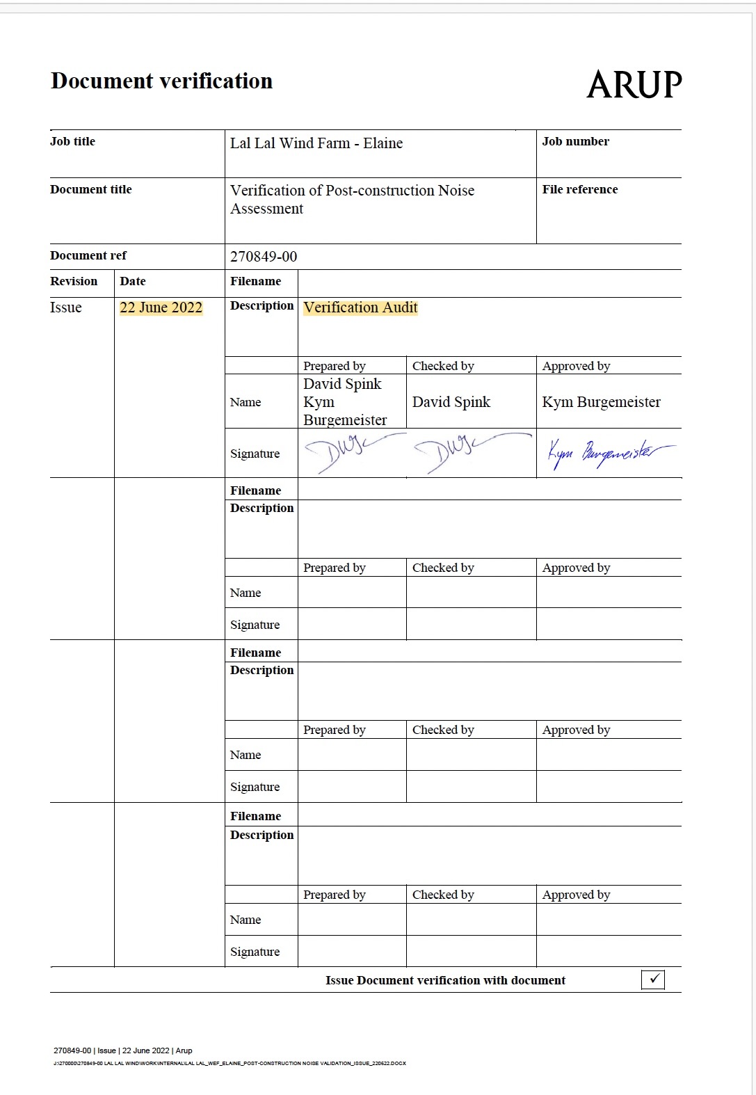 ARUP Elaine document verification sheet dated 22 June 2022 recording the description Verification Audit
